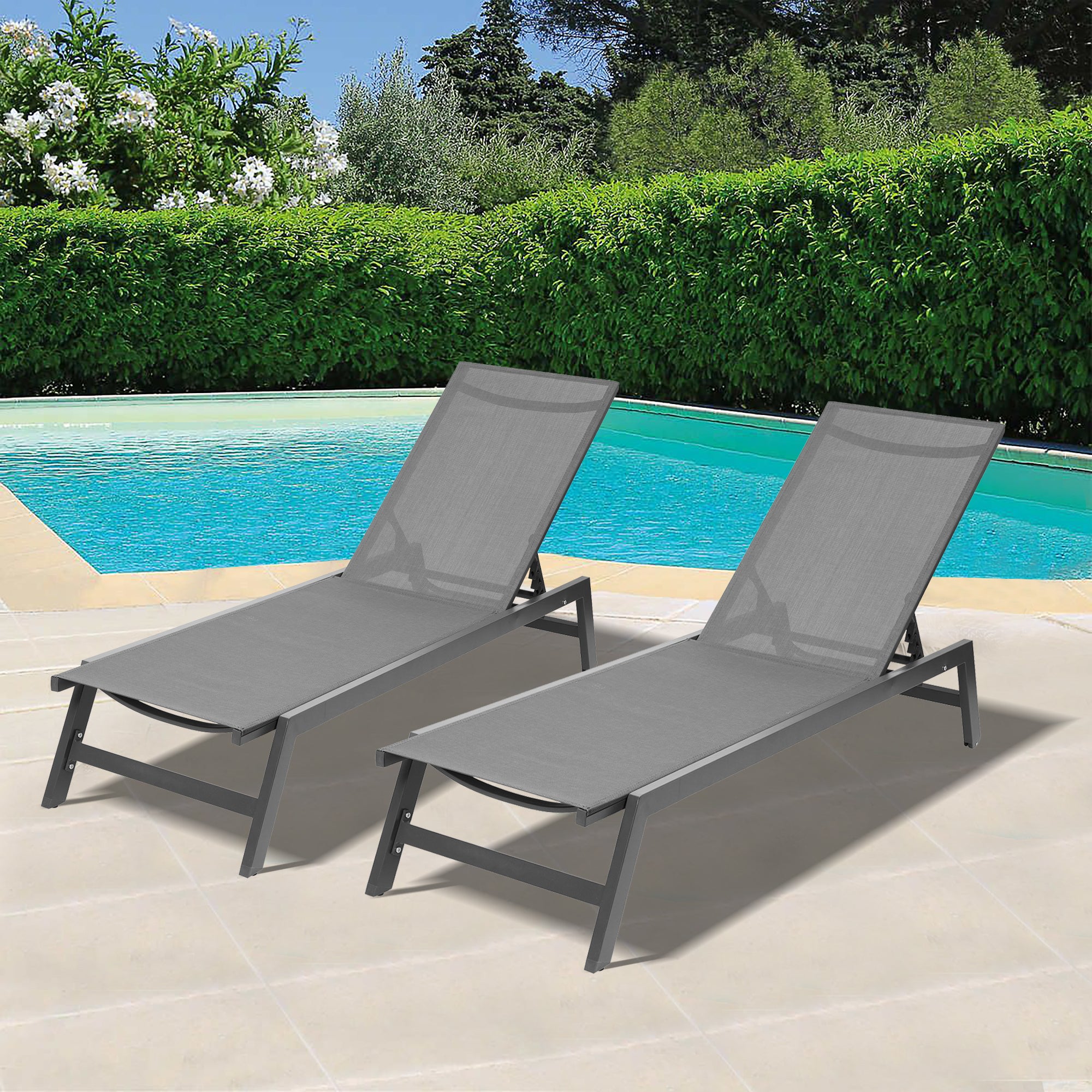 French Provencal Style Outdoor Chaise Lounge Set With Cushions, Five-Position Adjustable Aluminum Recliner, All Weather - Gray+ Blue White Stripes