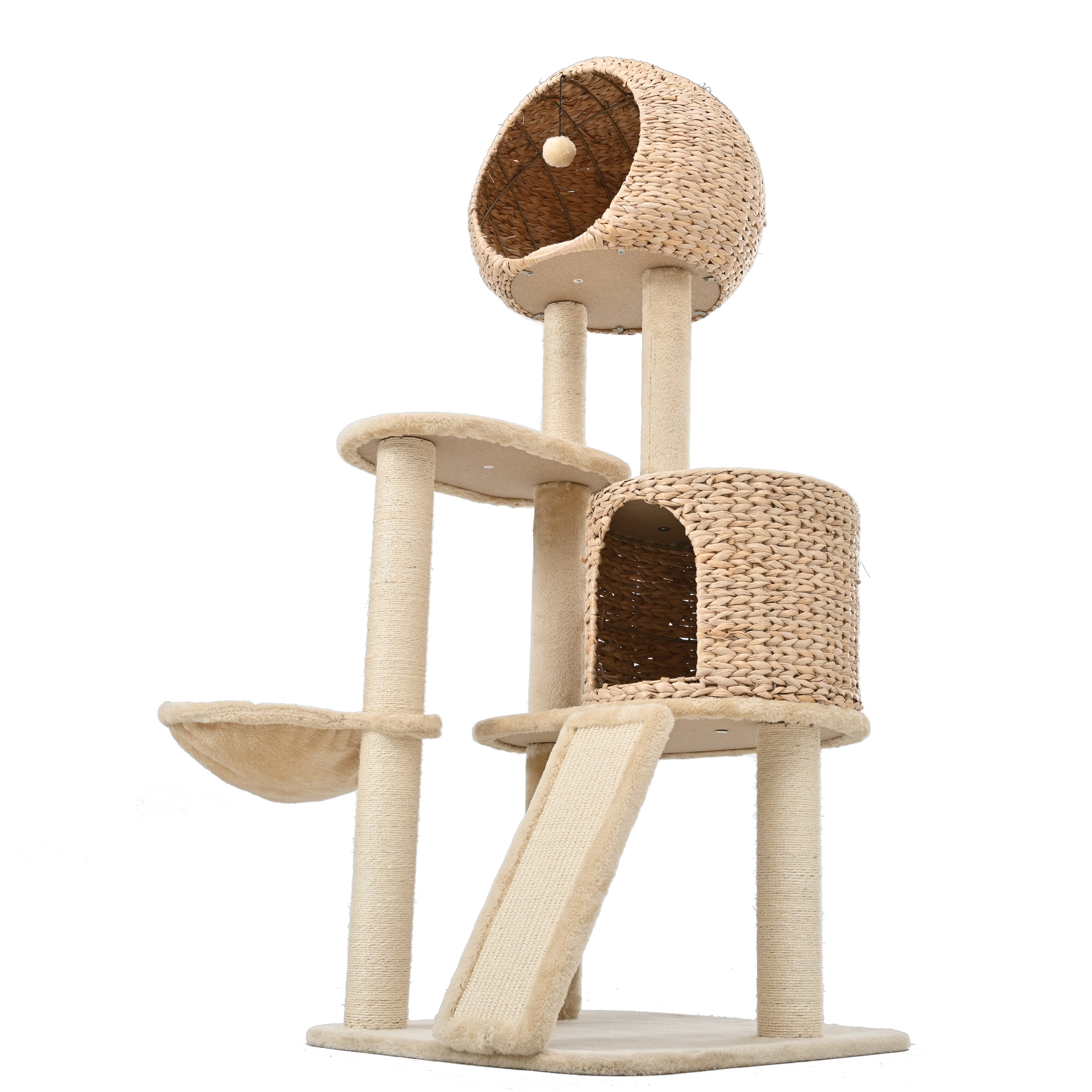 Cat Tree, 59-Inch Cat Tower for Indoor Cats, Plush Multi-Level Cat Condo with 2 Perches, 2 Caves, Cozy Basket and Scratching Board - Beige