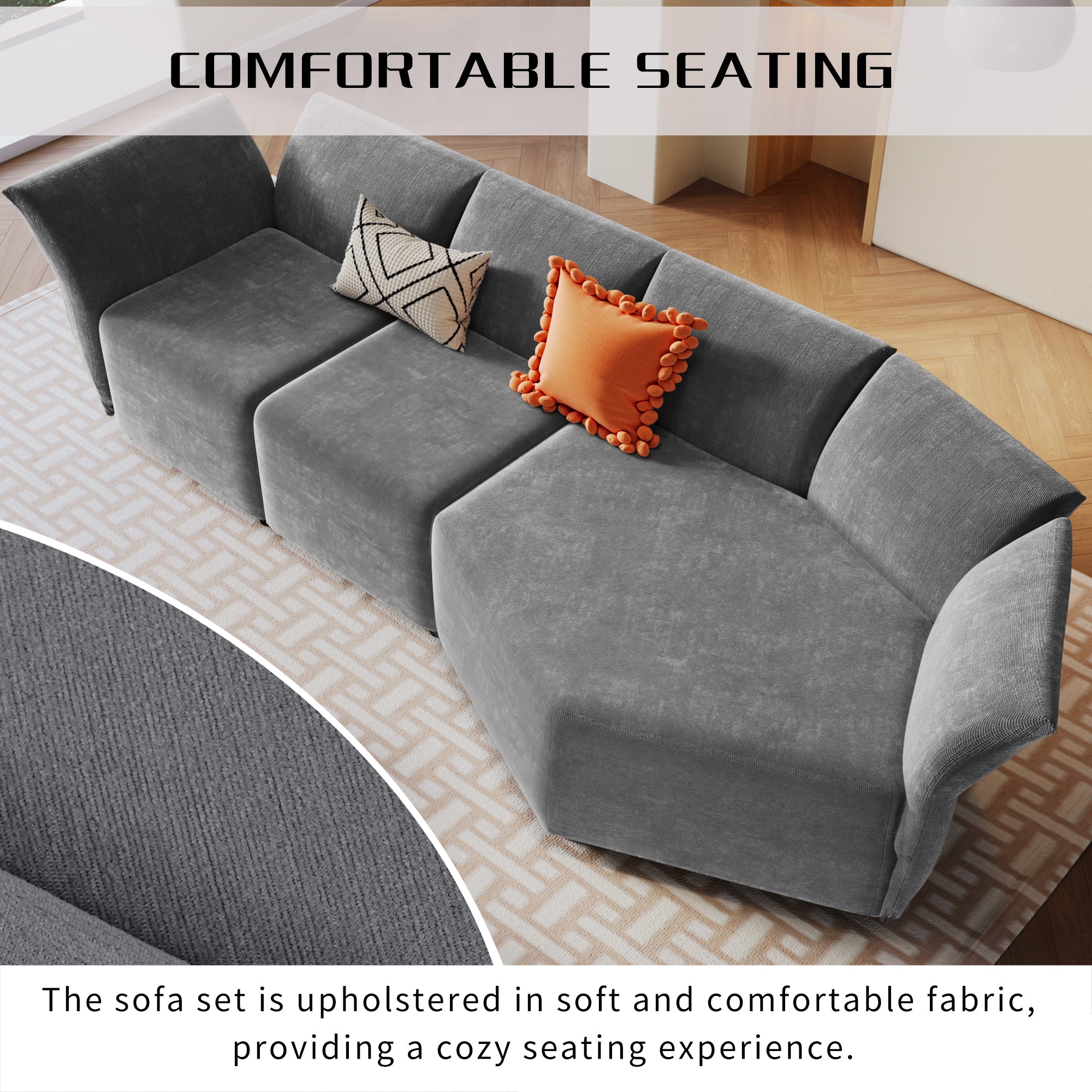 Stylish Sofa Set with Polyester Upholstery with Adjustable Back with Free Combination for Living Room - Gray