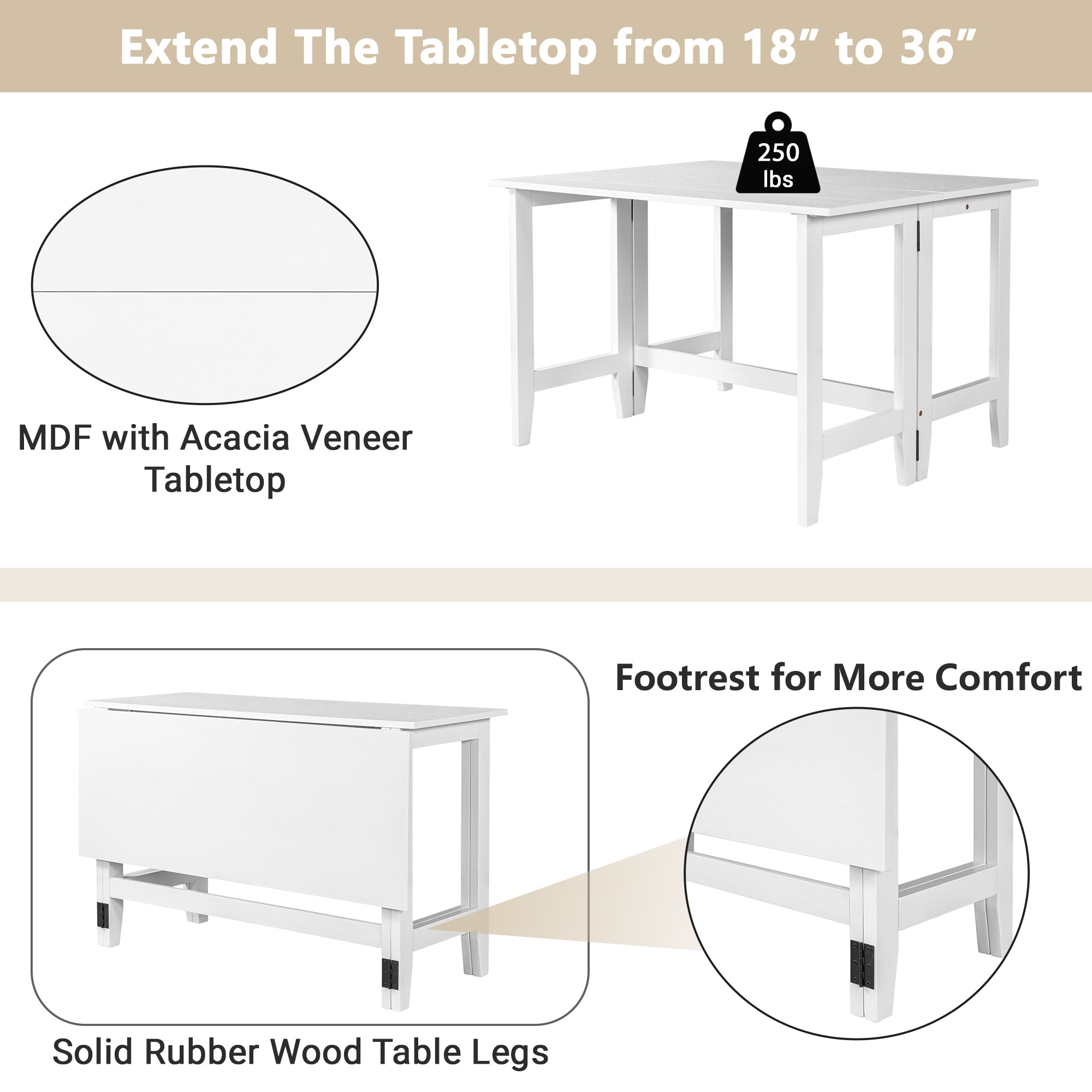 Farmhouse Wood Extendable Dining Table with Drop Leaf for Small Places - White