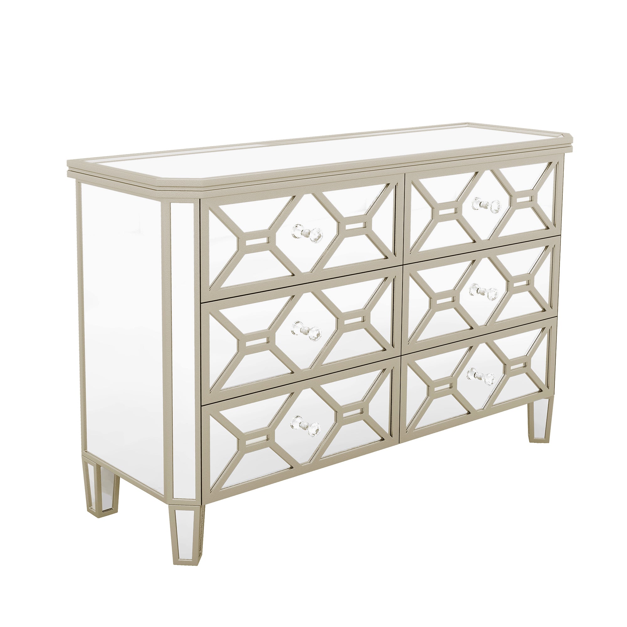 Elegant Mirrored 6-Drawer Dresser with Golden Lines Storage Cabinet