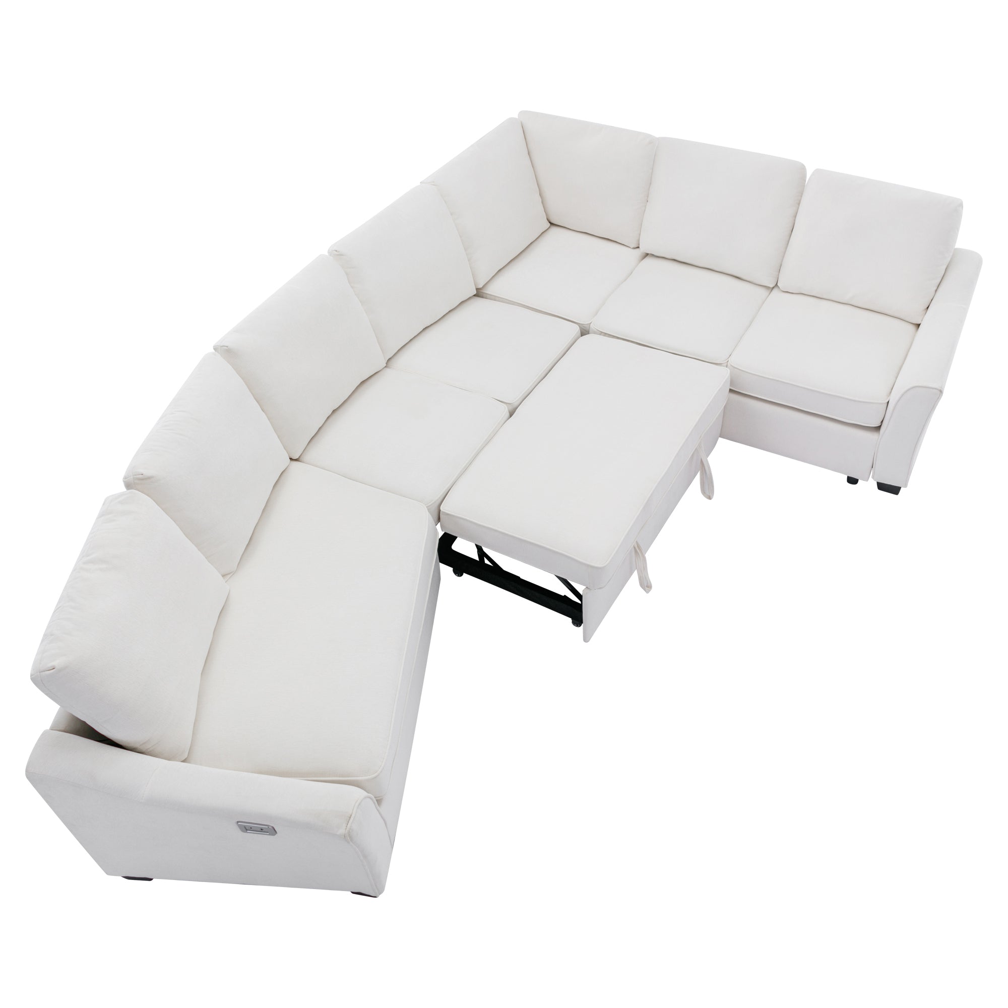 129.5" Sectional Sleeper Sofa with Pull-Out Bed Modern L-Shape Couch Bed with USB Charging Port - Beige