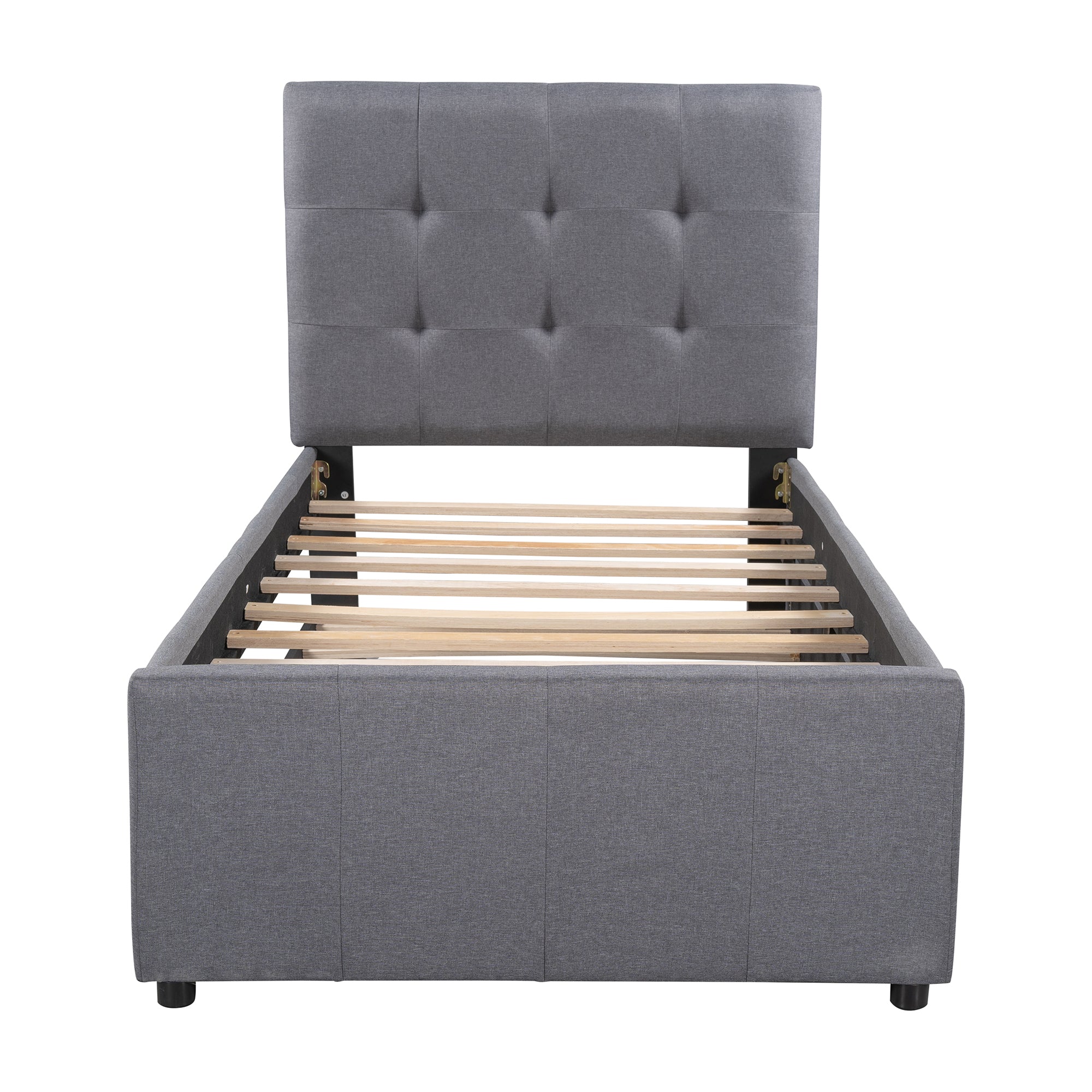 Twin Size Linen Upholstered Platform Bed With Headboard and Trundle - Grey