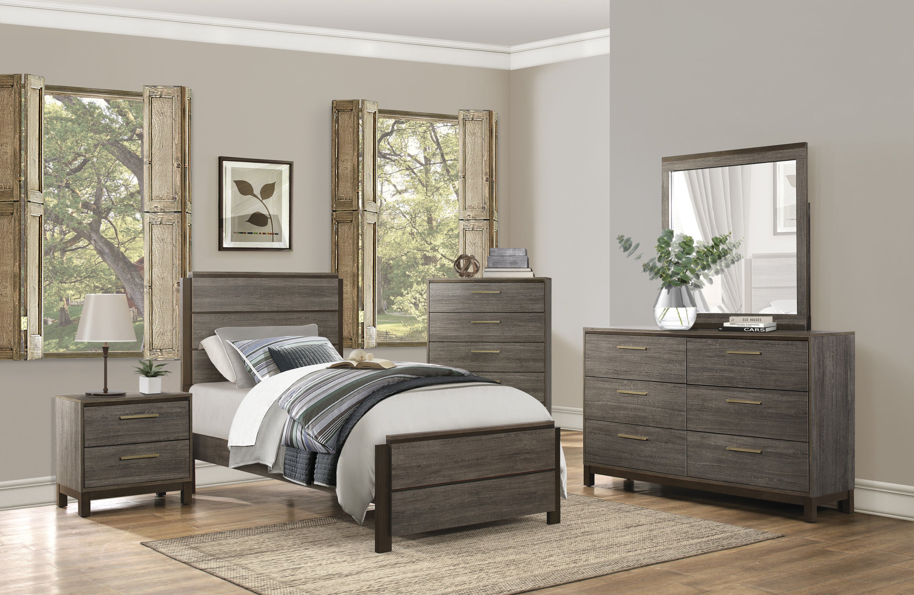 Contemporary Styling 1pc Dresser of 6x Drawers with Antique Bar Pulls Two-Tone Finish Wooden