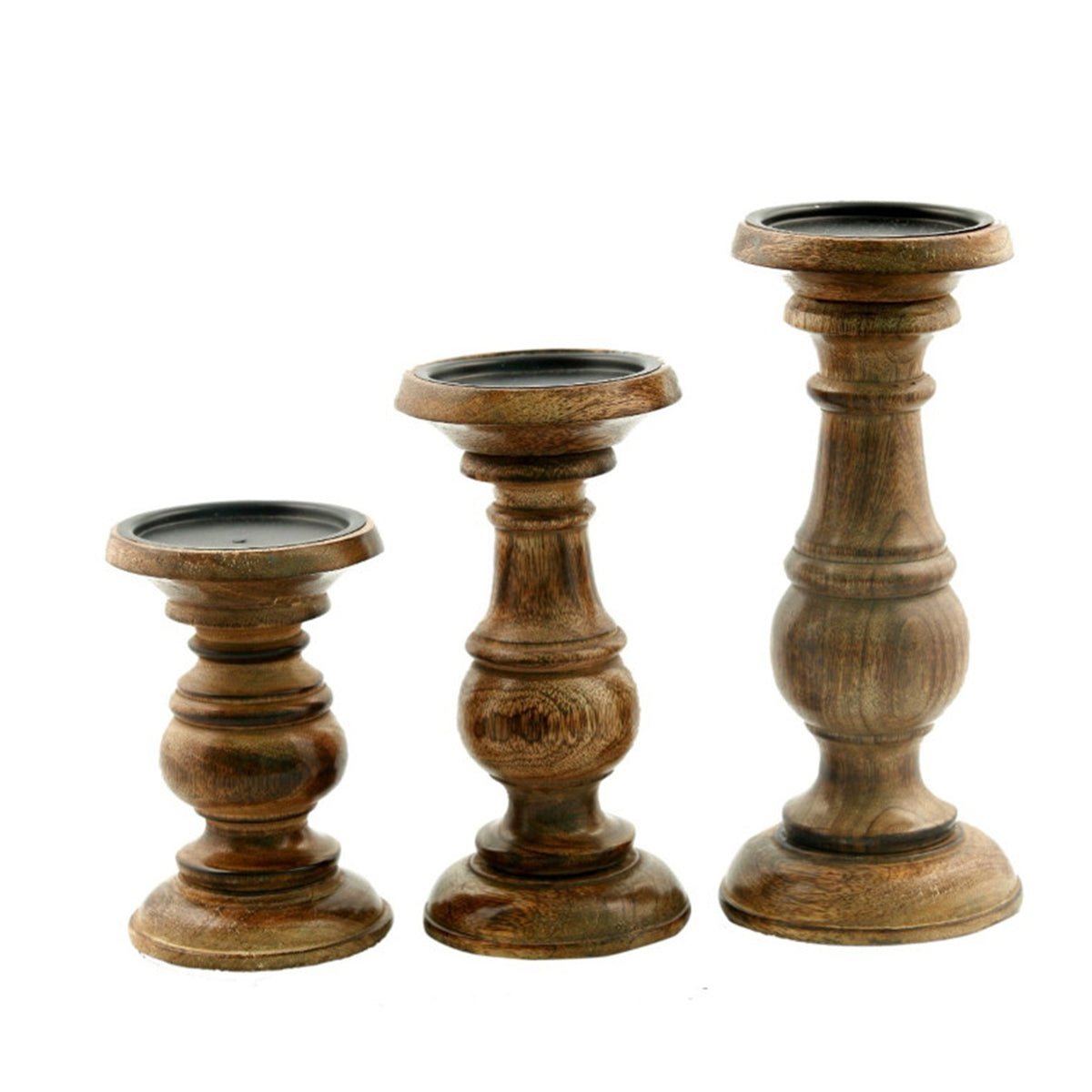 Pillar Shaped Wooden Candle Holder (Set of 3) - Brown