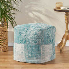 Hand Loomed Boho Teal Fabric Cube Pouf