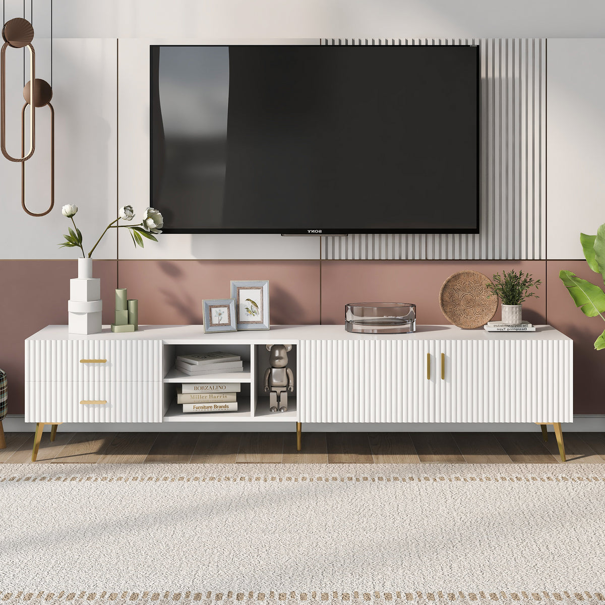 Modern TV Stand with 5 Champagne legs for TVS up to 77" - White