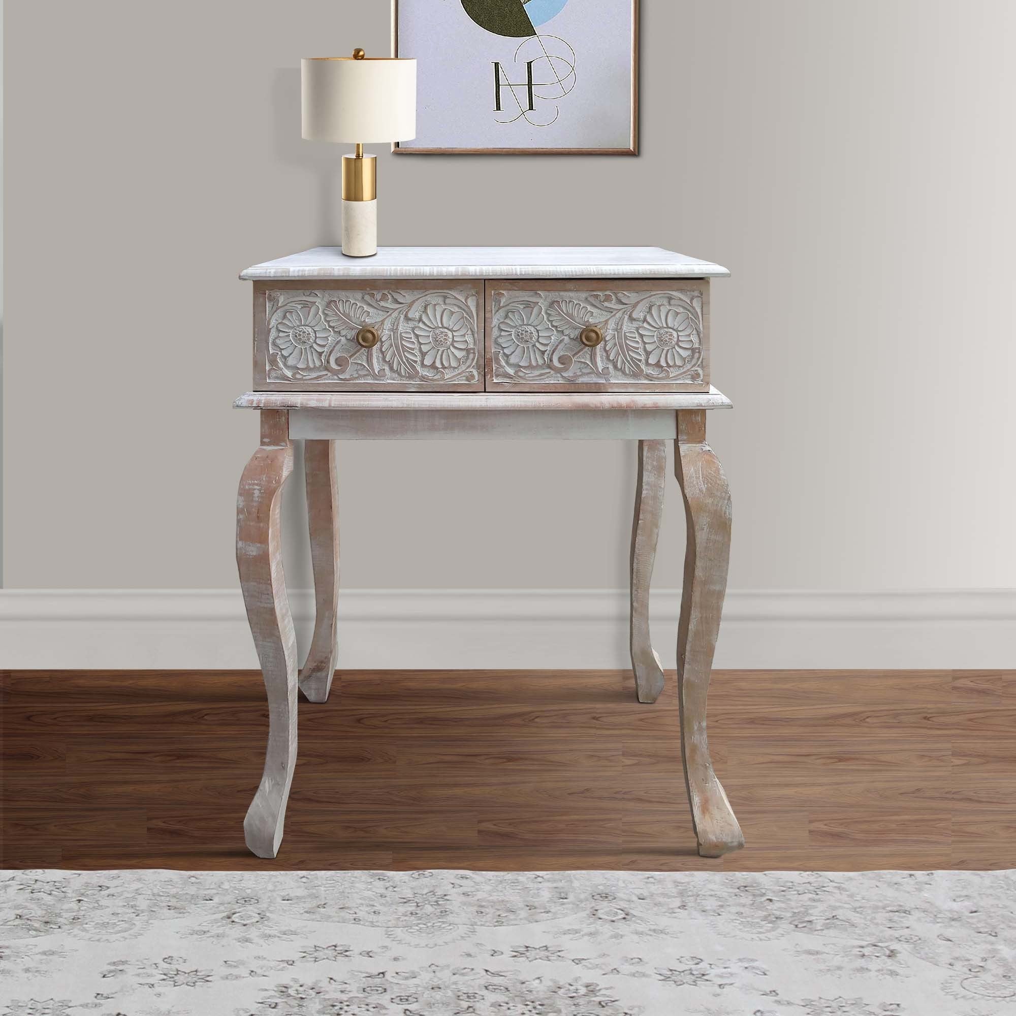 Farmhouse Style 2 Drawer Mango Wood Console Table with Floral Carved Front - Brown and White