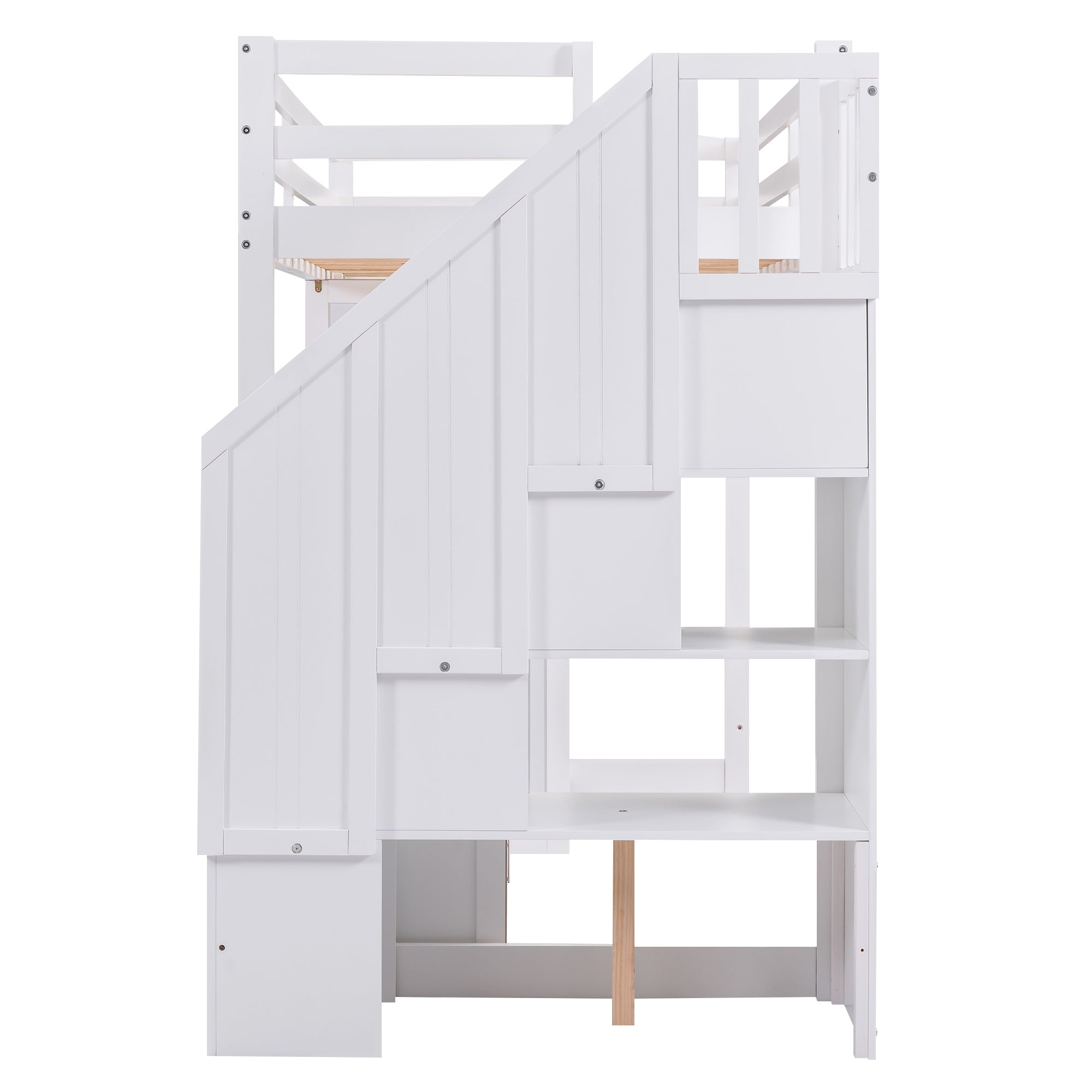 Twin Size Loft Bed with Wardrobe and Staircase - White