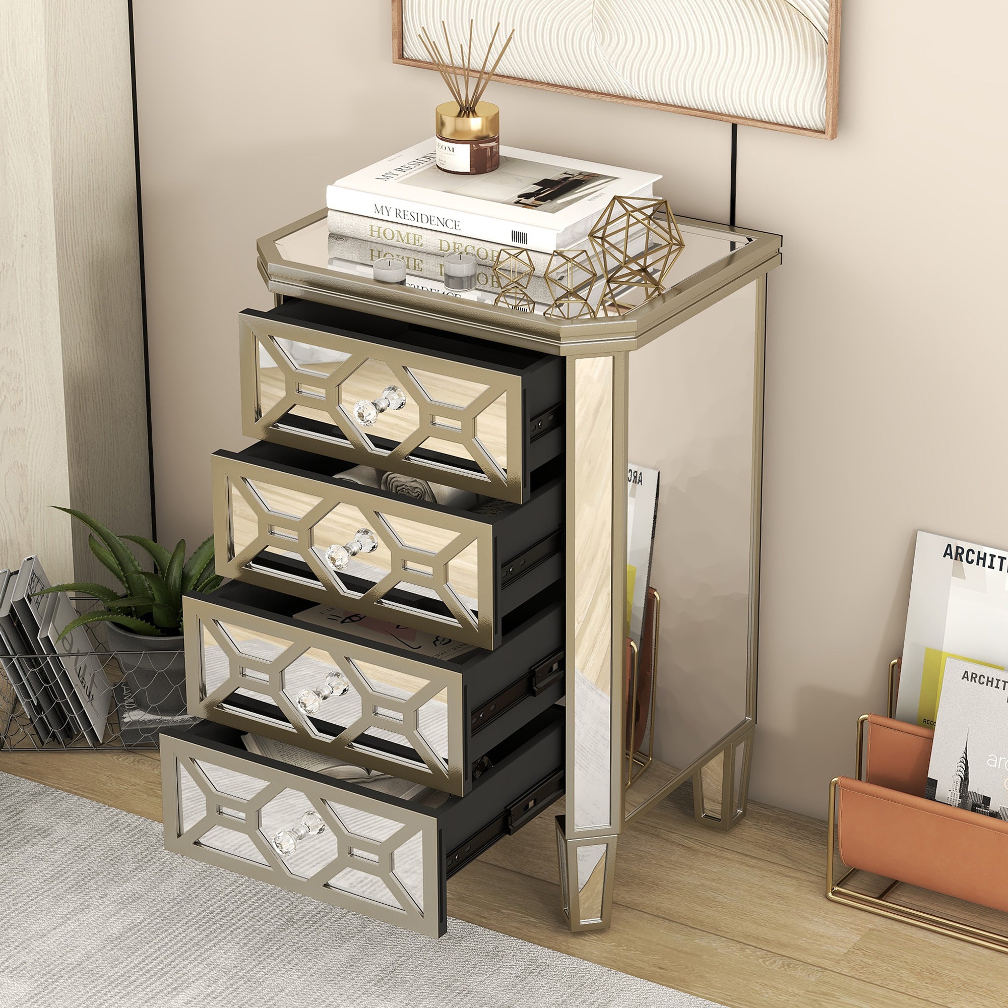 Elegant Mirrored 4-Drawer Chest with Golden Lines Storage Cabinet