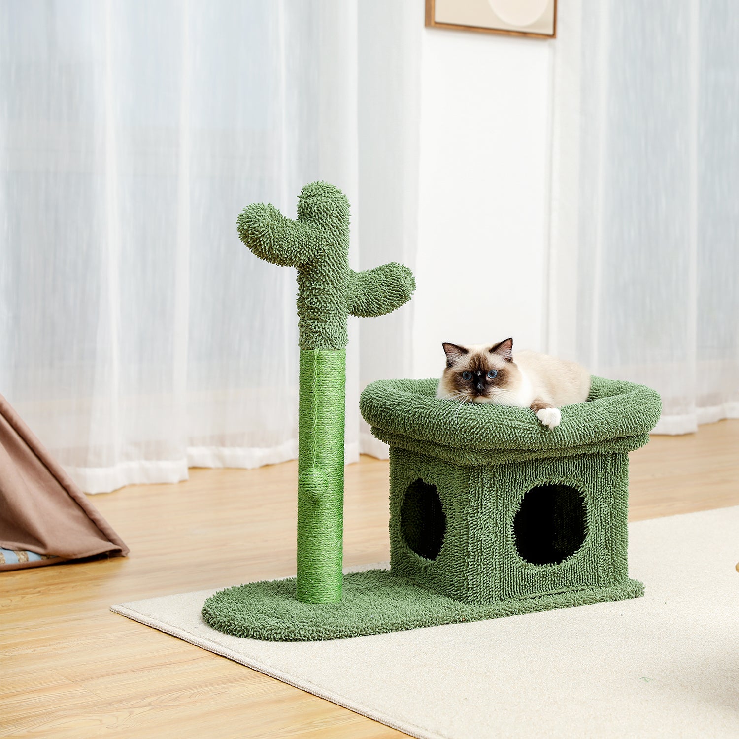 Cat Tree 27.6 inches with Cactus Scratching Posts with Ball and Cat House - Green