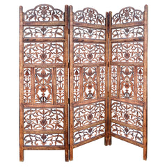 Handcrafted 3 Panel Mango Wood Screen with Cutout Filigree Carvings - Brown