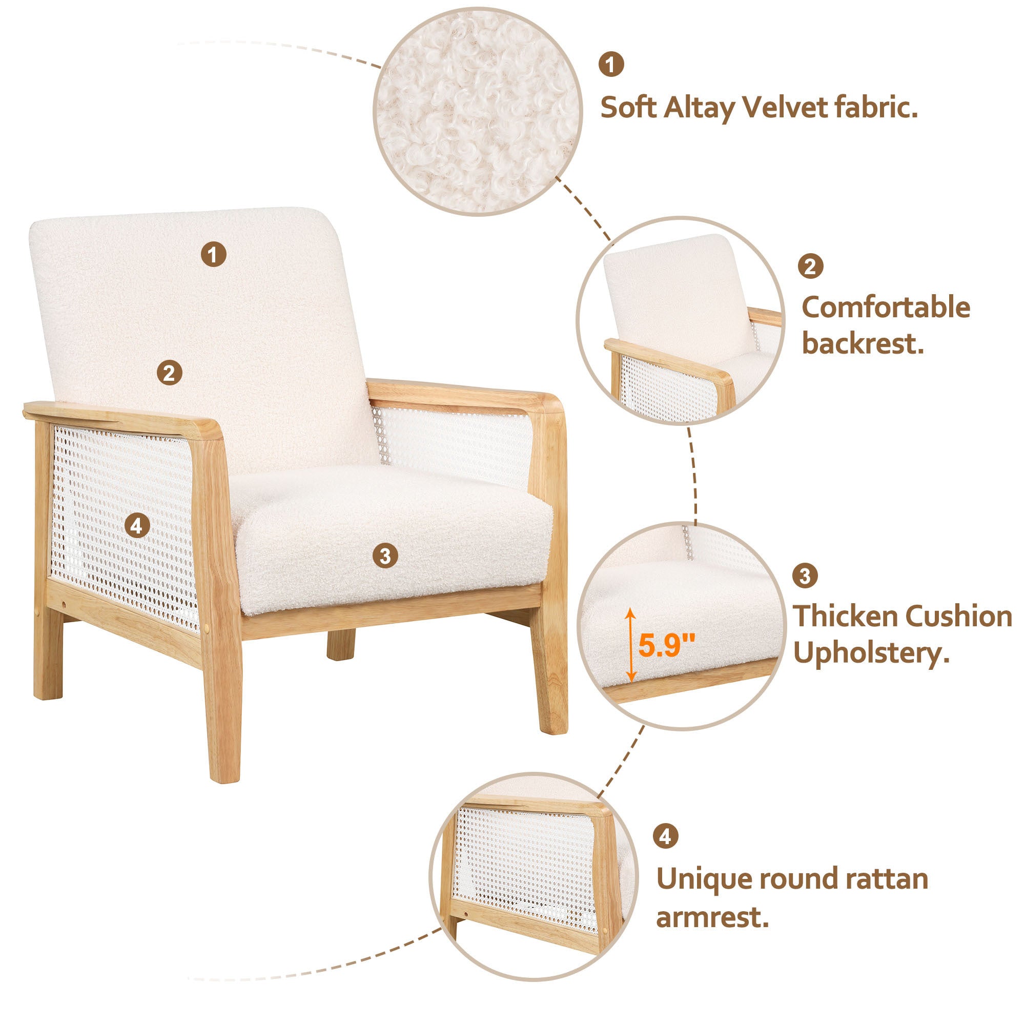 Armchair Rattan Mesh Upholstered Accent Chair, Teddy Short Plush Particle Velvet Armchair - White