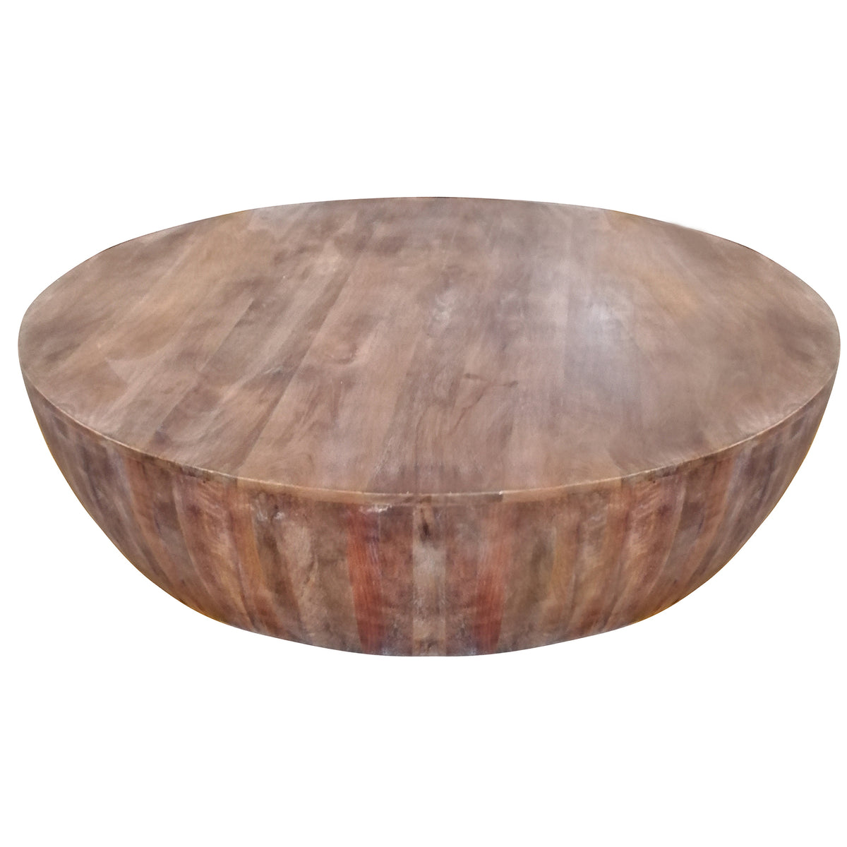 Handcarved Drum Shape Round Top Mango Wood Distressed Wooden Coffee Table - Brown