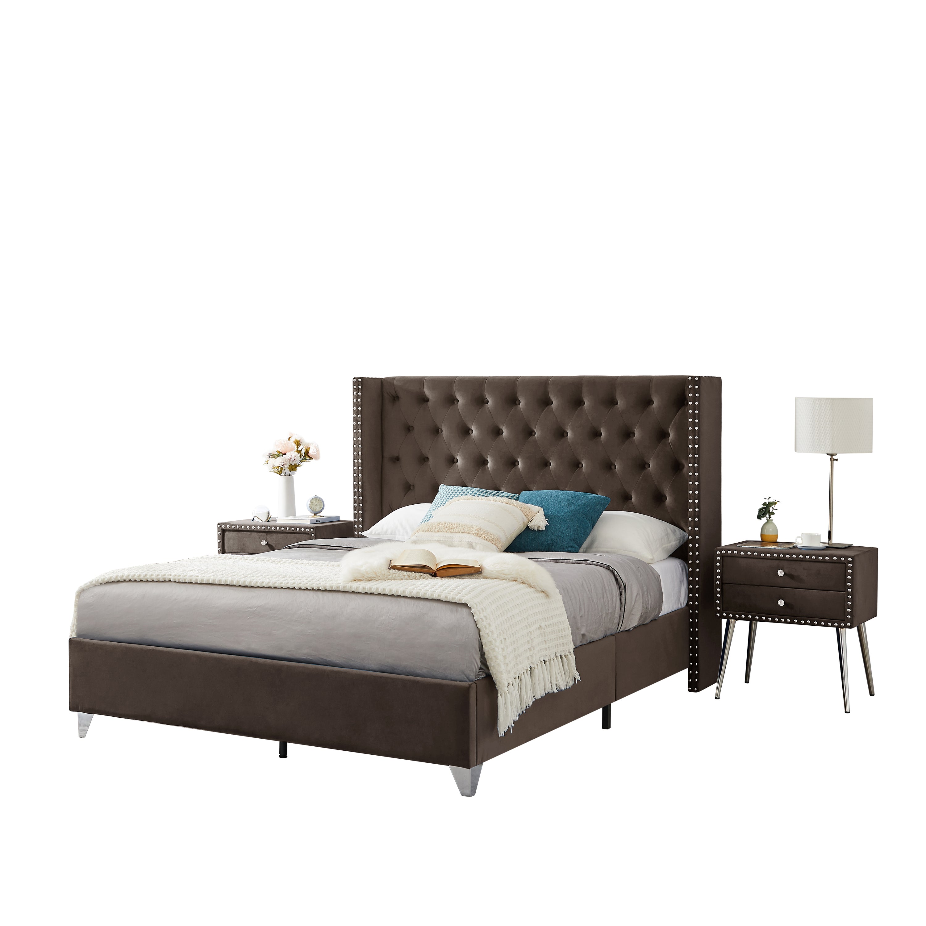 Queen Bed with Two(2) nightstands - Button designed Headboard