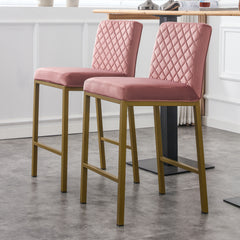 Modern Design High Counter Stool Metal Legs - Dark Pink Velvet Bar Chair (Set of 2)