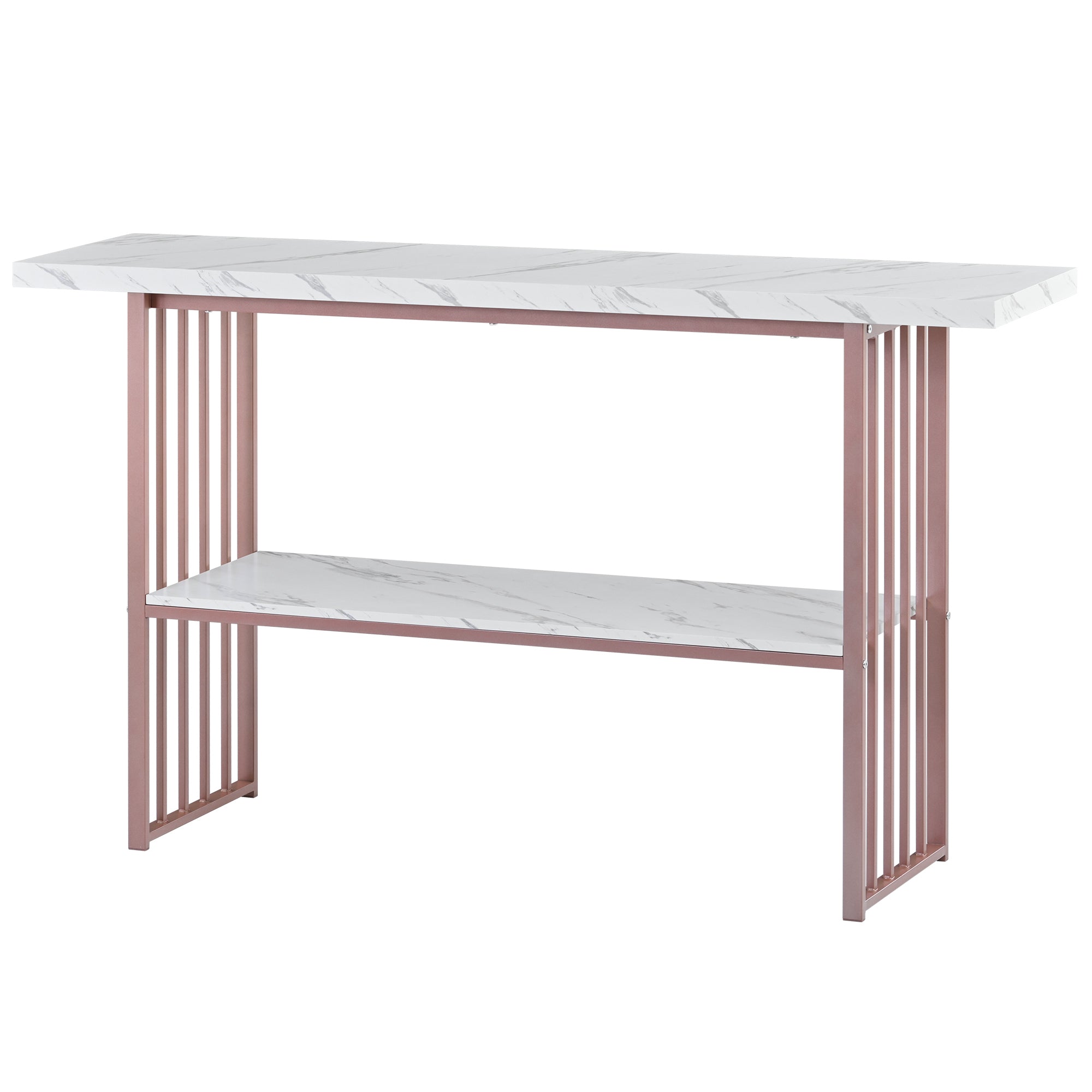 63'' Modern Console Table with 2 Shelves, Extra Long Entryway Table with Metal Frame - Pink + White