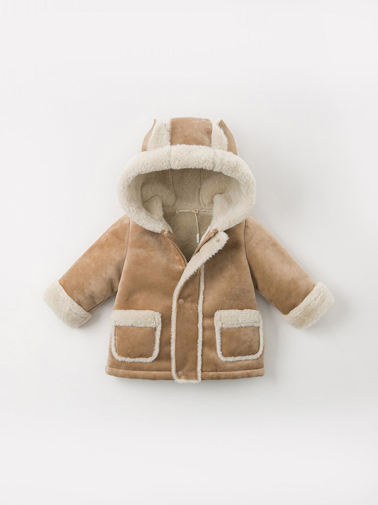 Baby Winter Hooded Coat, Sherpa Lined Faux Suede Jacket - Camel