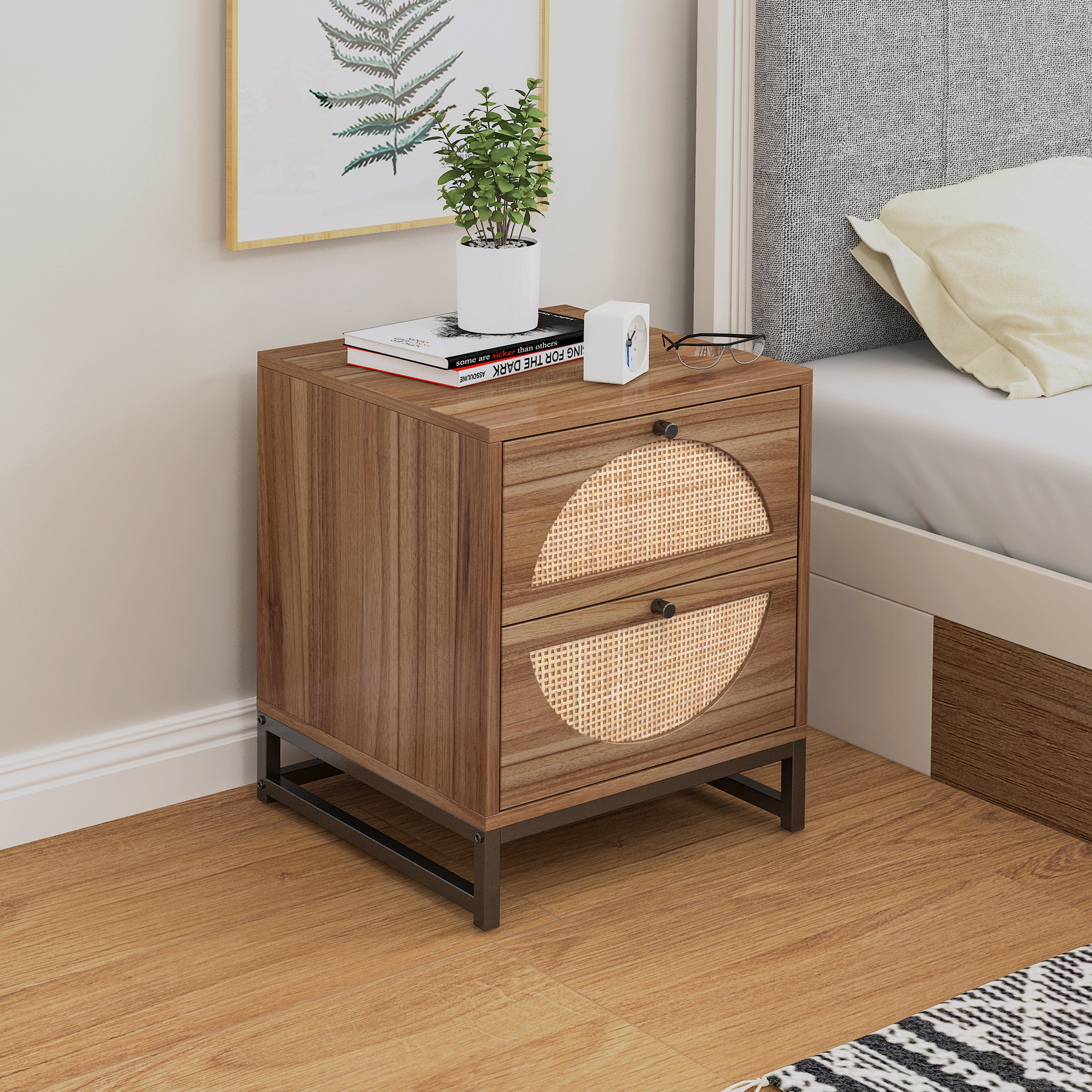 Natural rattan 2 Drawer Side table, Nightstand Side - Walnut