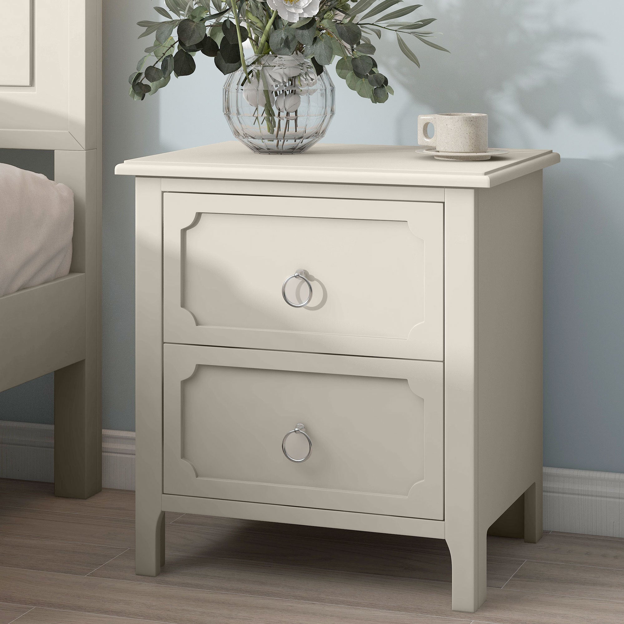 Milky White Rubber Wooden Nightstand Two Drawers Silver Metal Handles