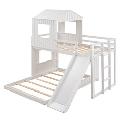 Farmhouse Wooden Twin Over Full Bunk Bed, Loft Bed with Playhouse - White