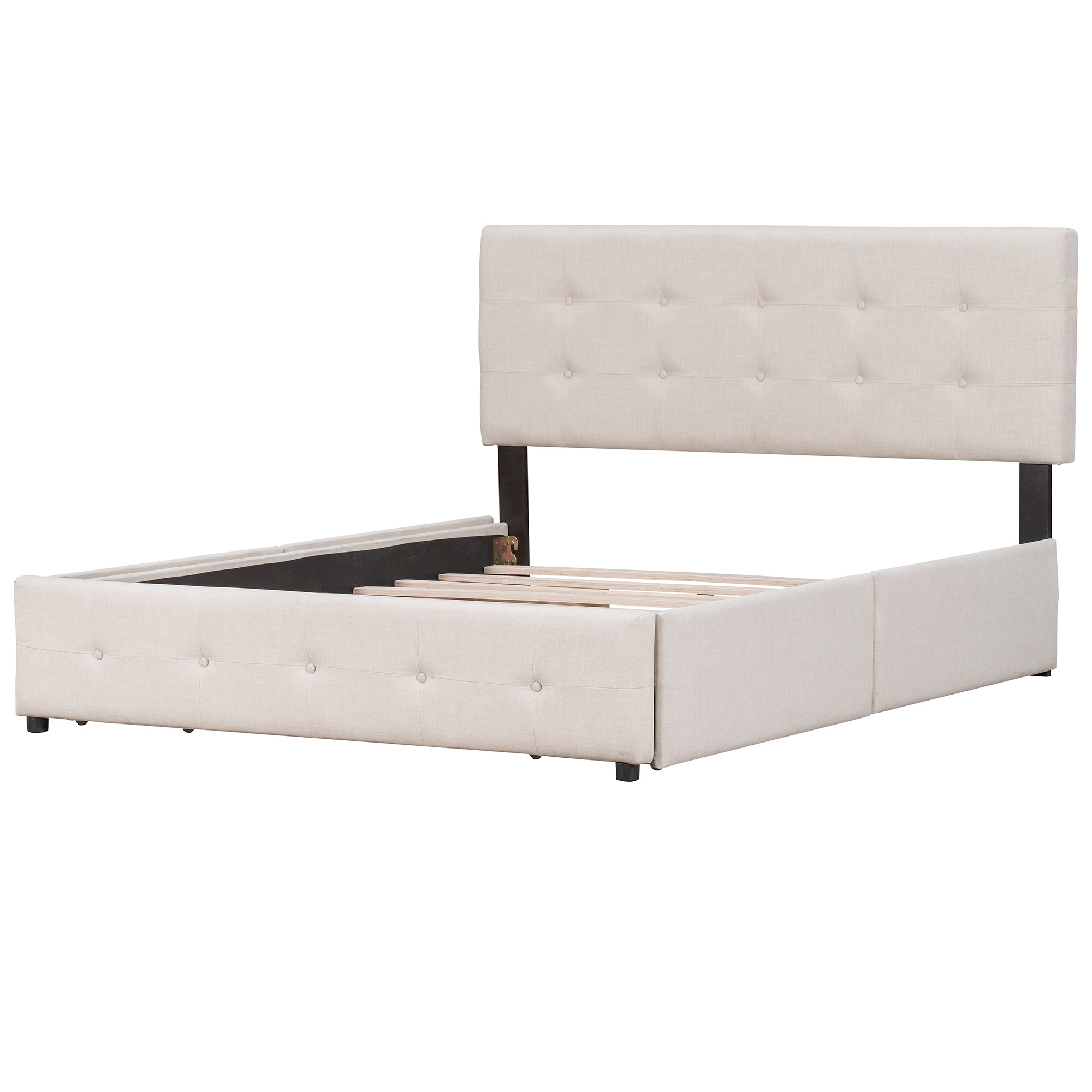 Queen Bed with Classic Headboard and 4 Drawers - Beige