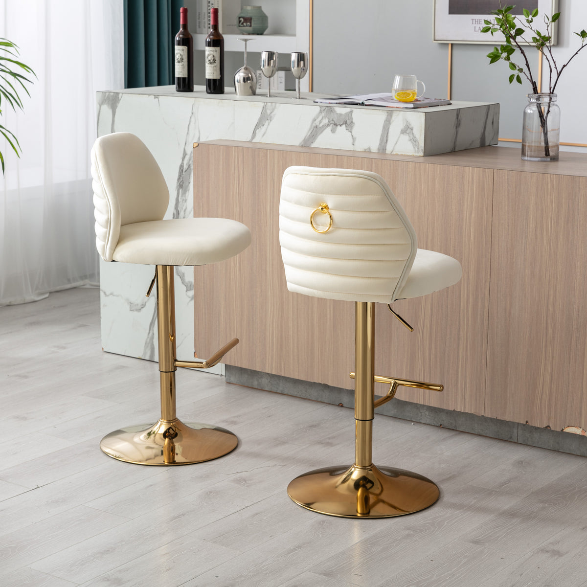 Modern Swivel Bar Stools Chair Adjustable (Set of 2) - Chrome Golden Base/ Cream