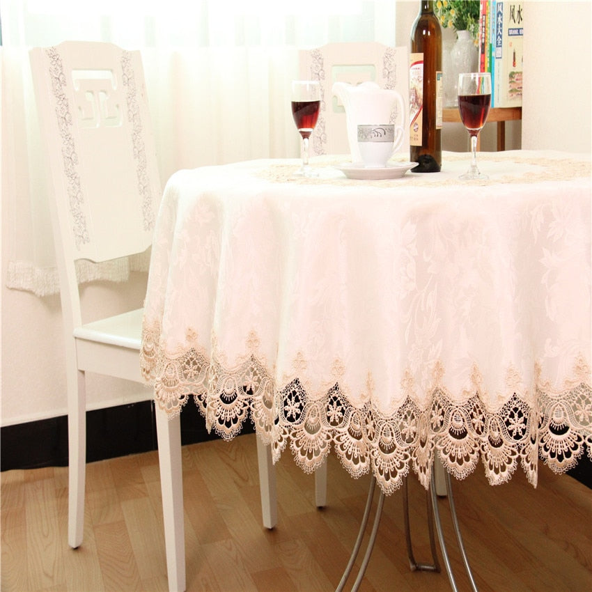 Lace Round tablecloth with Embroidery, Decorative Dining Polyester Cloth