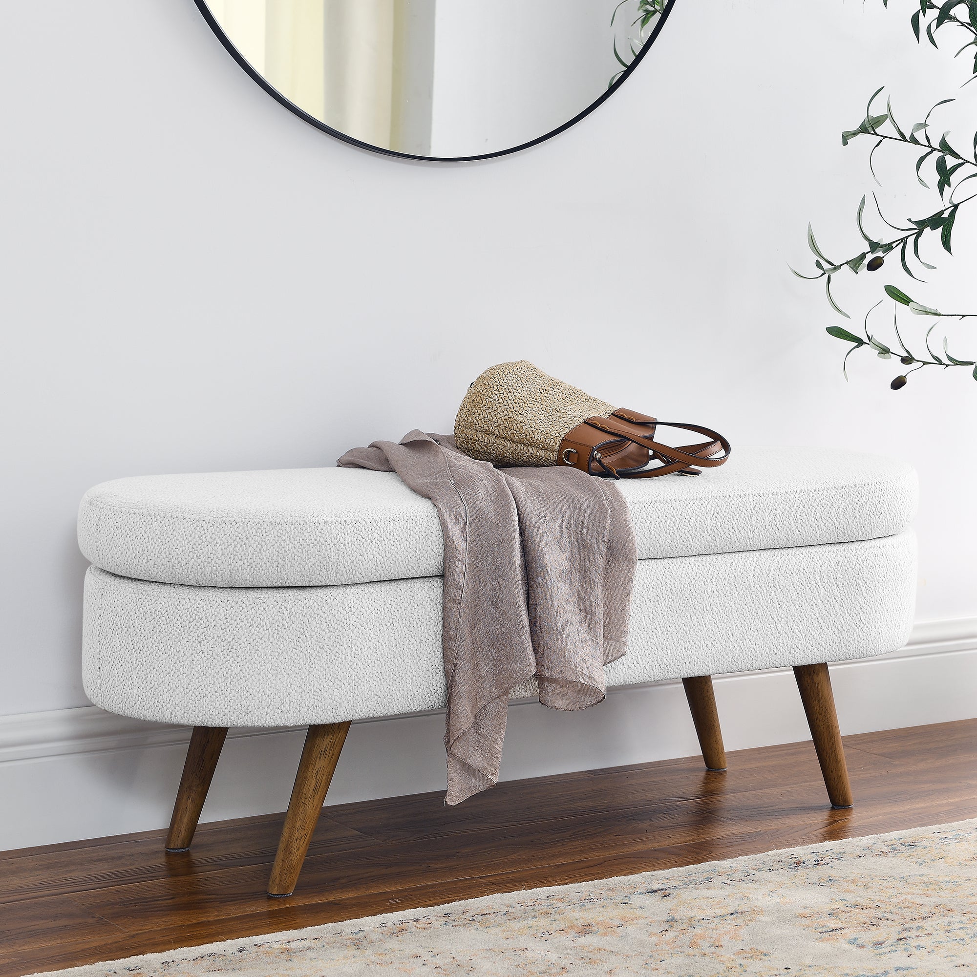 Ottoman Oval Storage Bench, Rubber Wood Legs - White