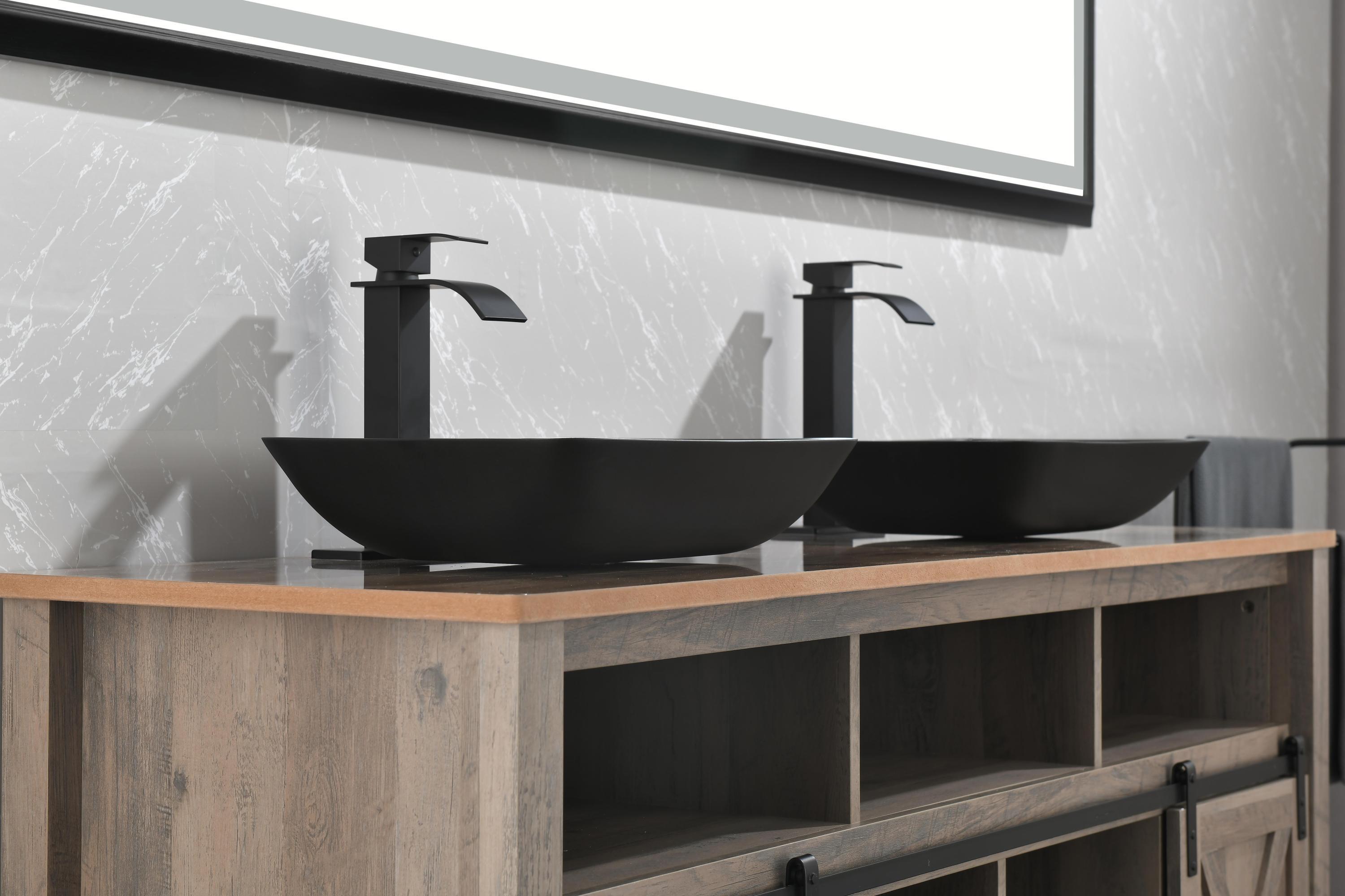 Matte Shell Glass Rectangular Vessel Bathroom Sink in Black with Matte Black Faucet and Pop-Up Drain in Matte Black 13.0" L -18.13" W -4" H