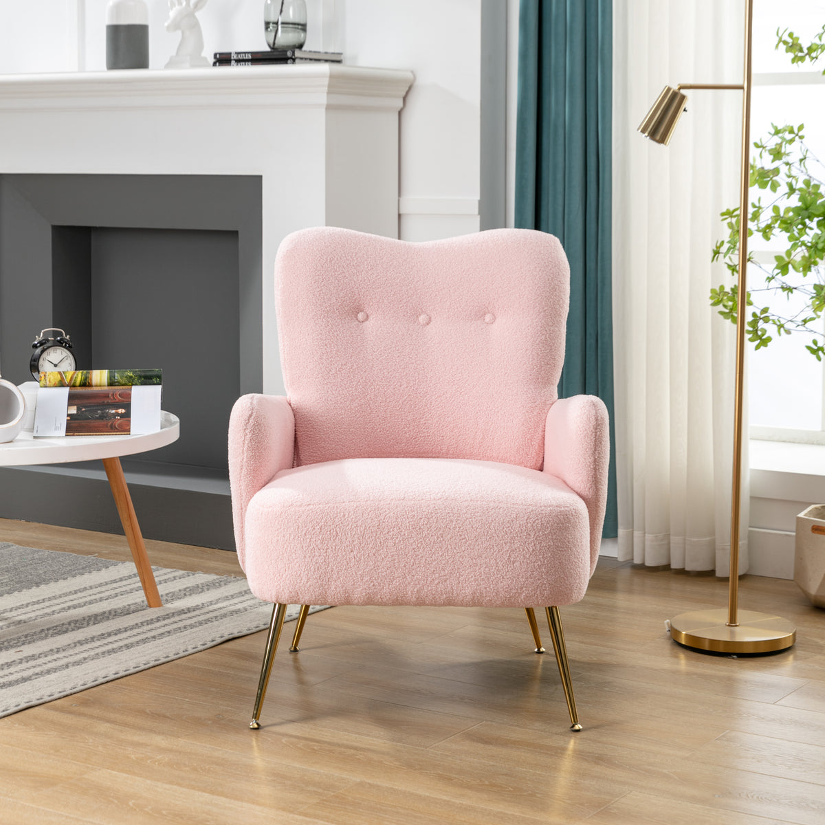 Modern Teddy Short Plush Armchair Accent Chair with Golden Metal Legs and High Back - Pink