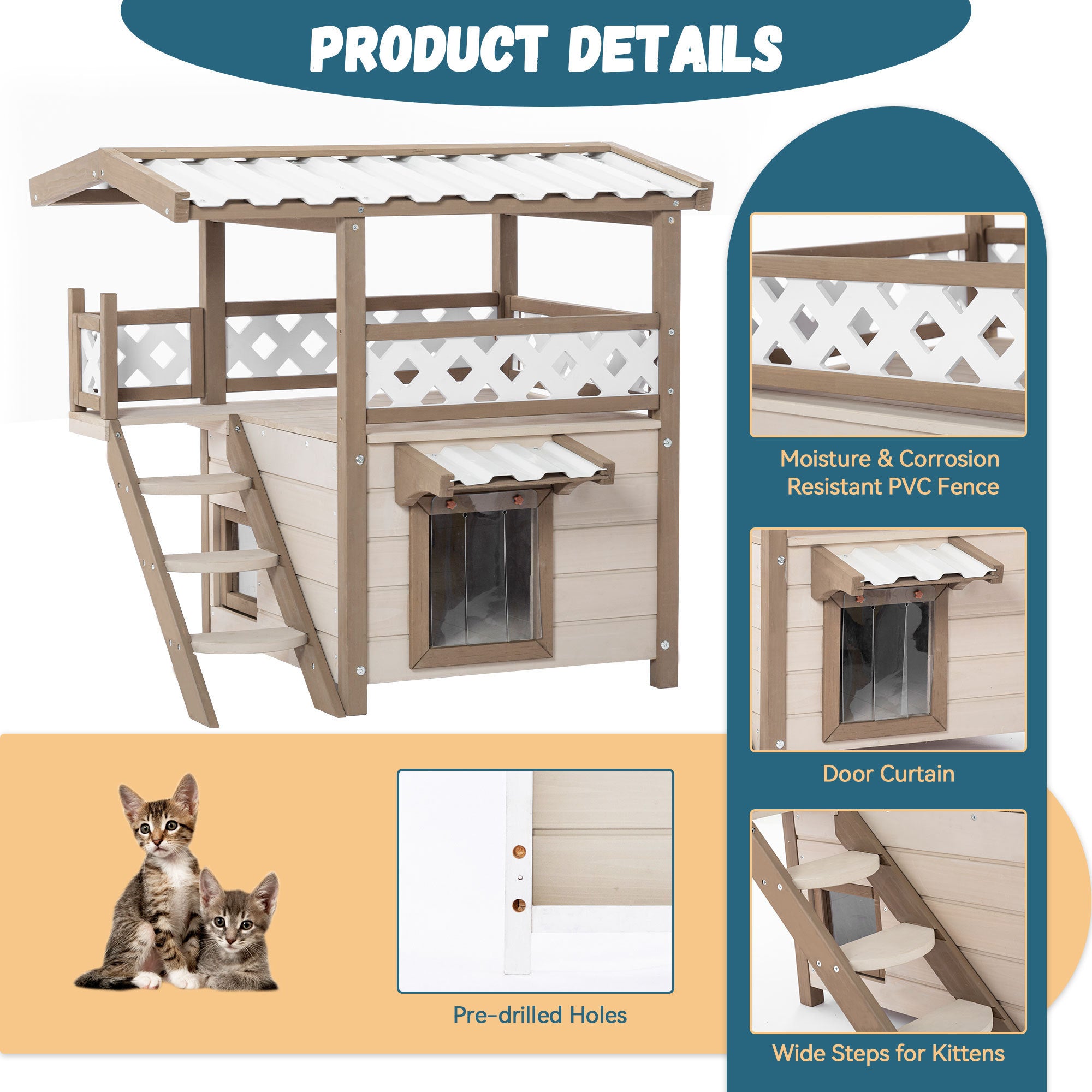 Cat House Outdoor Indoor with Durable PVC Roof, Escape Door, Curtain and Stair, 2 Story Design Perfect for Multi Cats