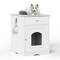 Cat Home Litter Nightstand with Drawer - White