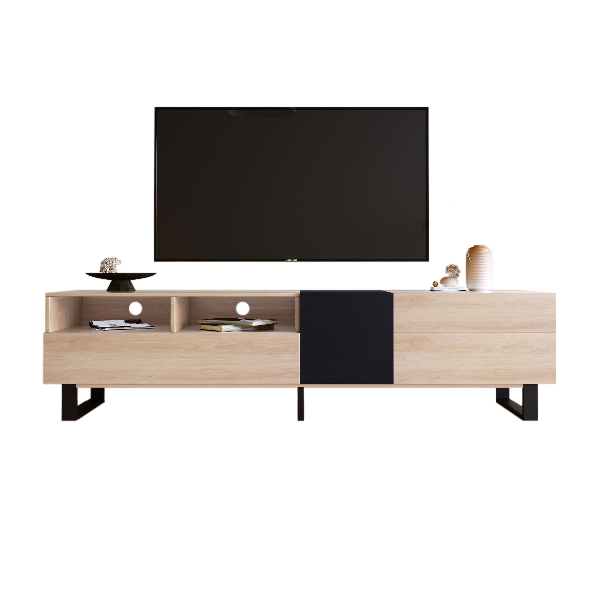 Modern TV Stand for 80'' TV with Double Storage Space - Natural Wood