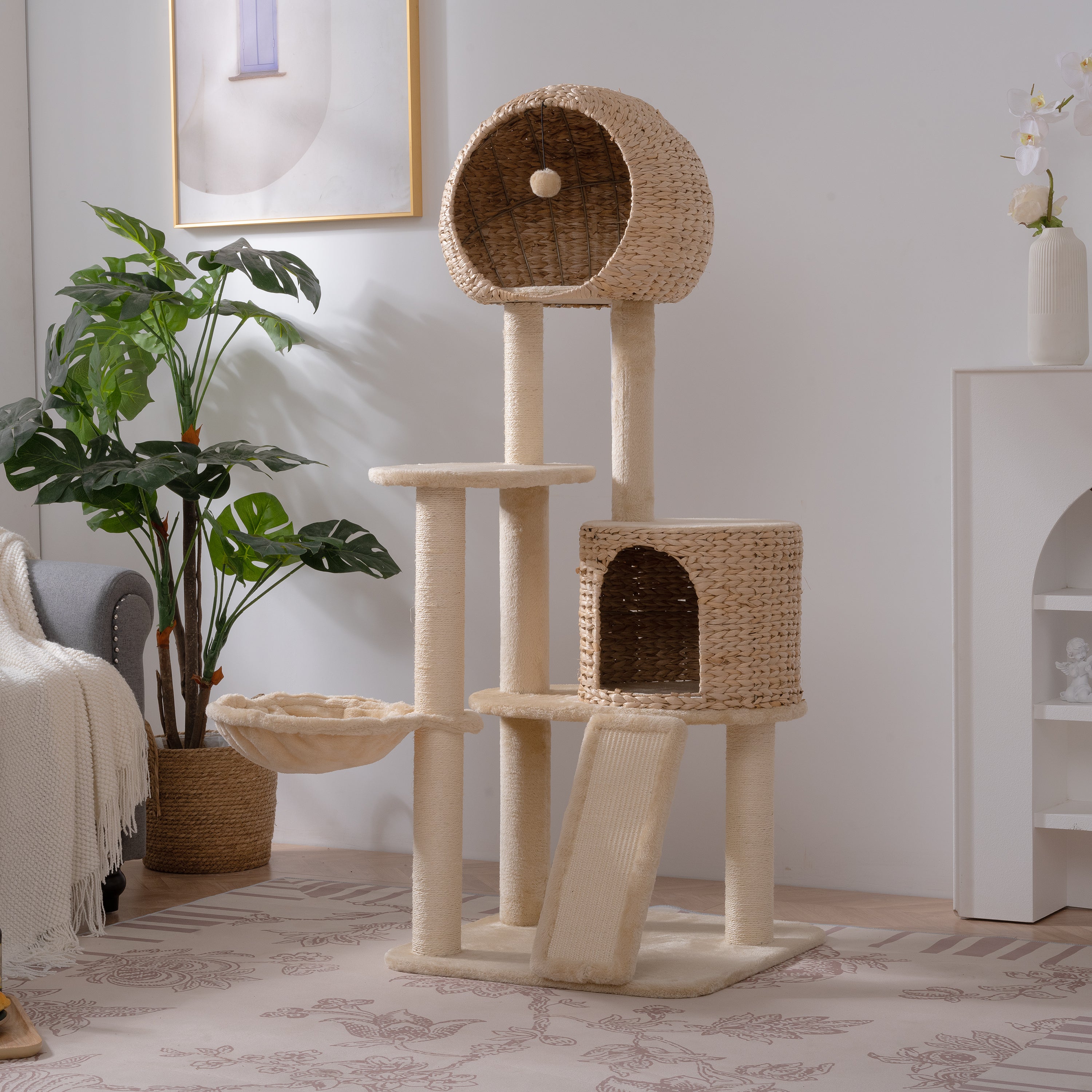 Cat Tree, 59-Inch Cat Tower for Indoor Cats, Plush Multi-Level Cat Condo with 2 Perches, 2 Caves, Cozy Basket and Scratching Board - Beige