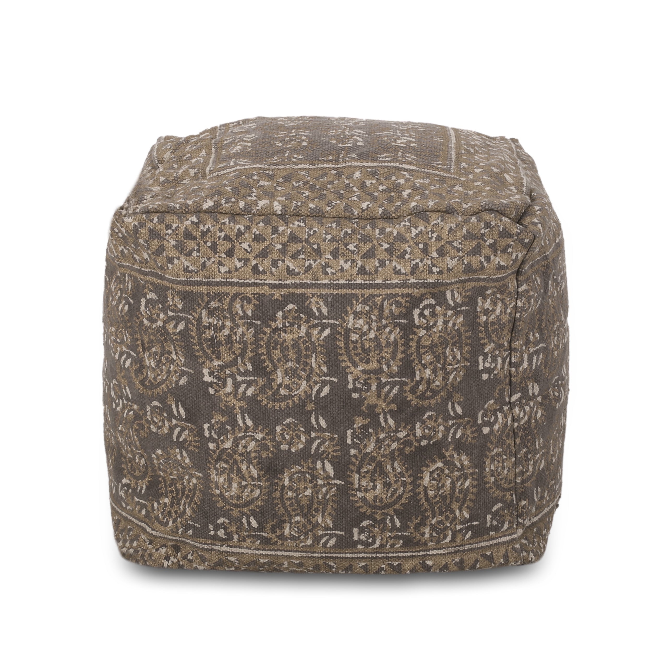 Boho Handcrafted Taupe Fabric Cube Pouf