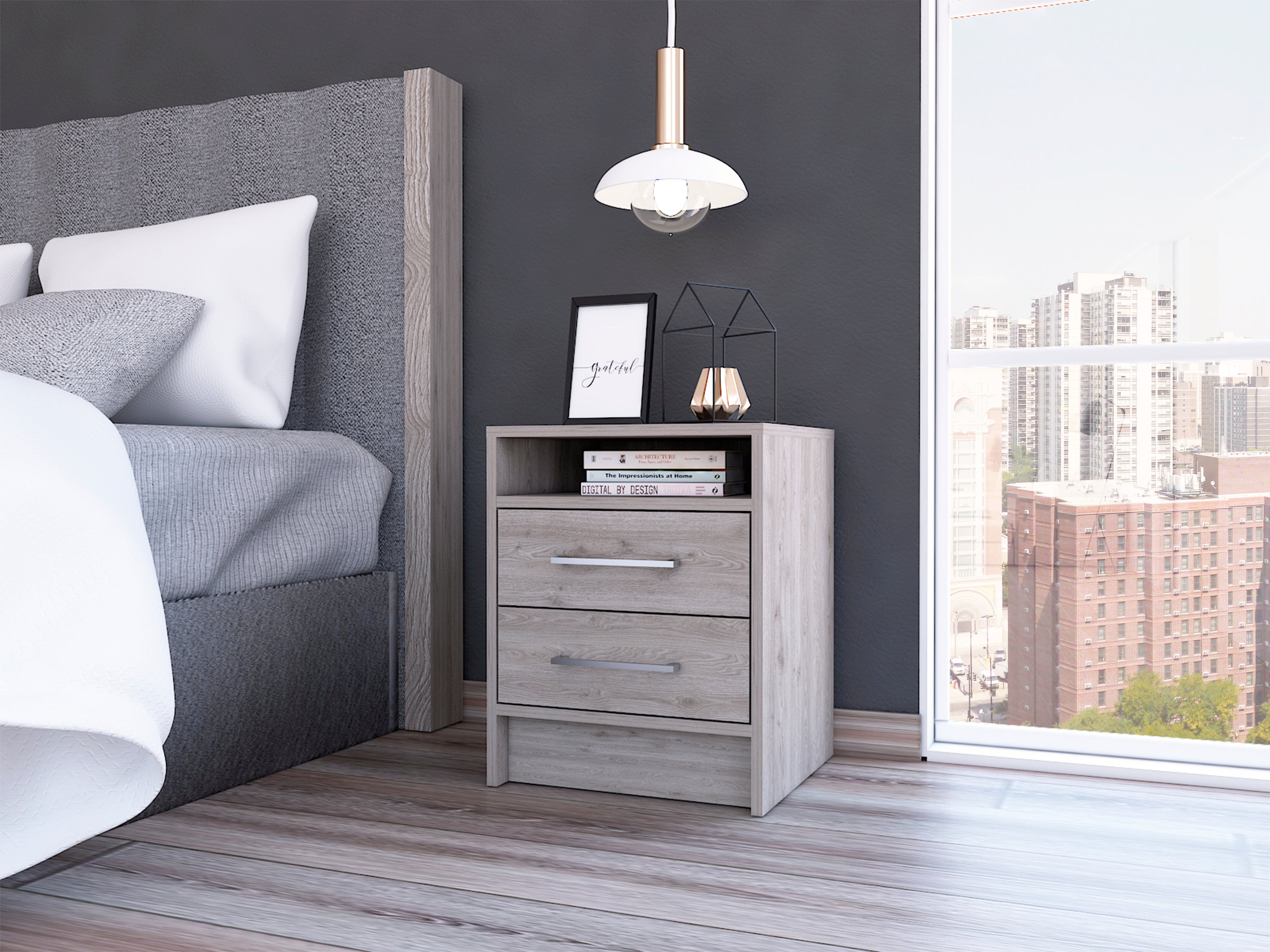 Light Grey 2-Drawer 1-Shelf Rectangle Nightstand