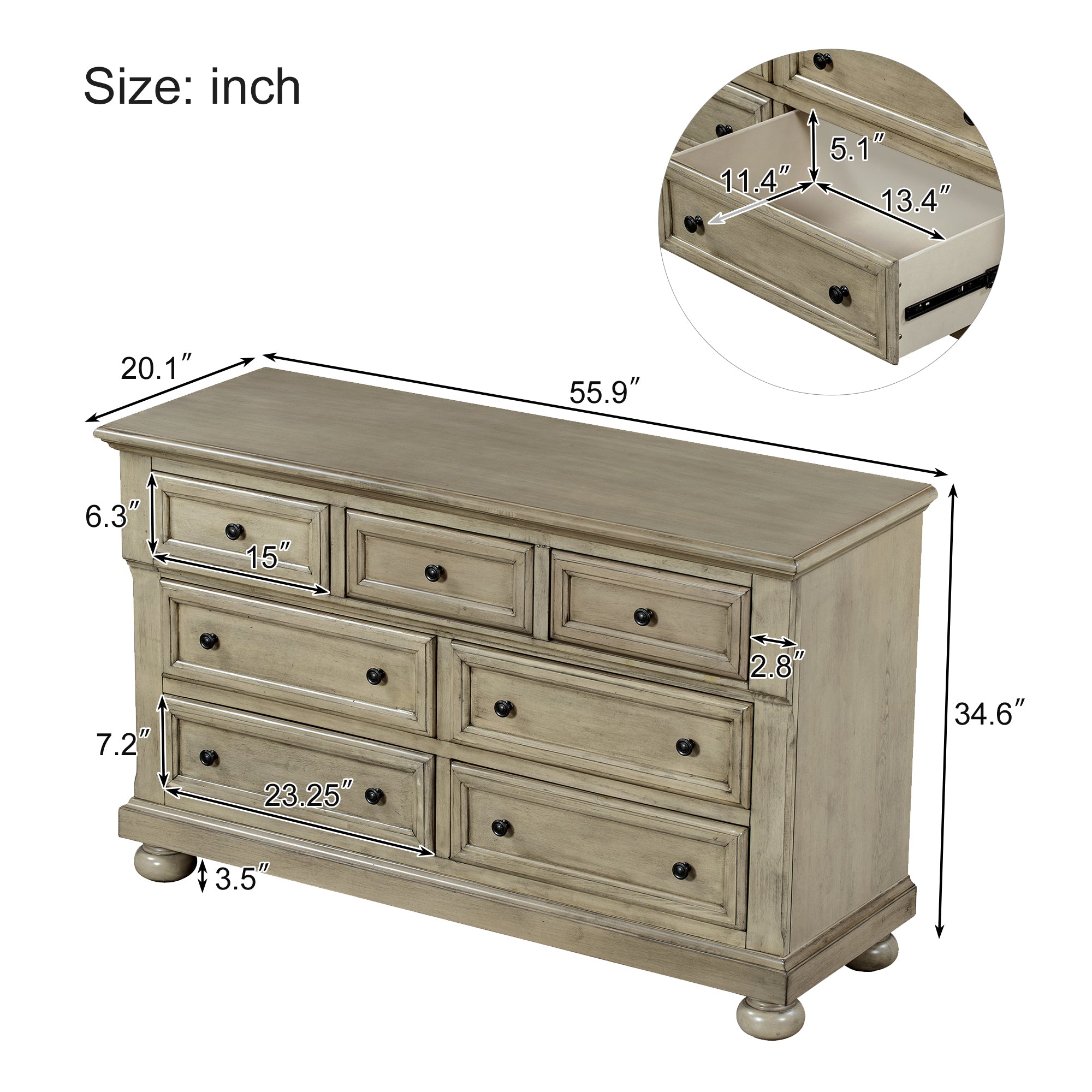 Solid Wood Seven-Drawer Dresser for Nursery, Kid’s Room, Bedroom - Stone Gray