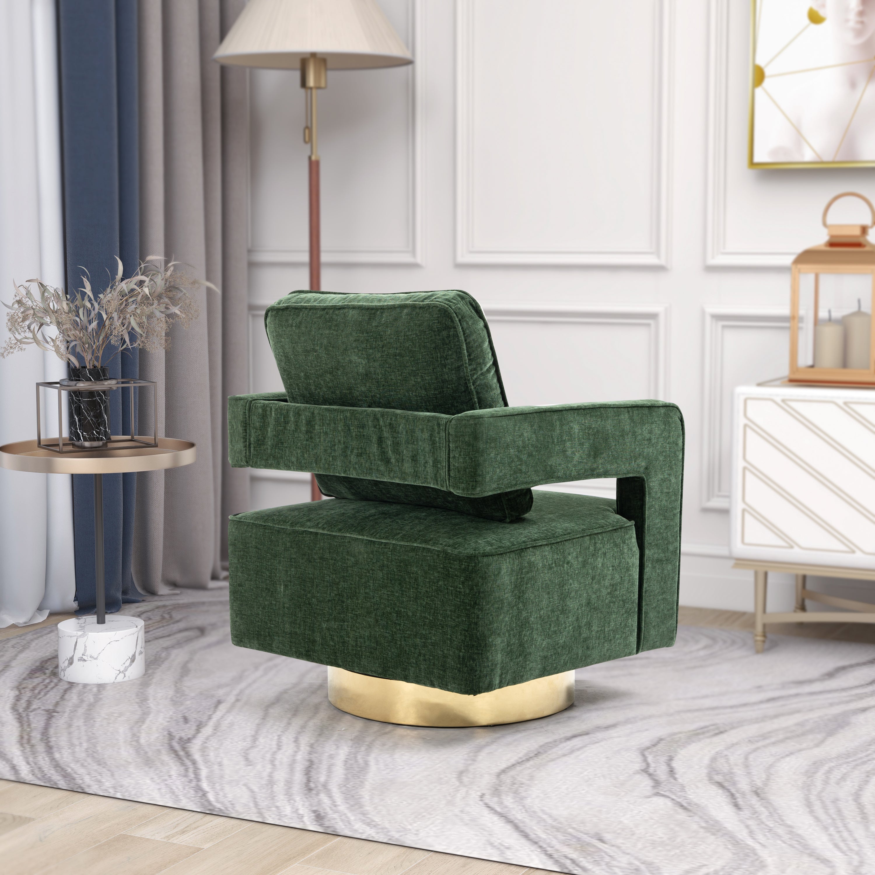 30.7"W Swivel Accent Open Back Chair Modern Comfy Sofa Chair With Gold Stainless Steel Base - Green Chenille