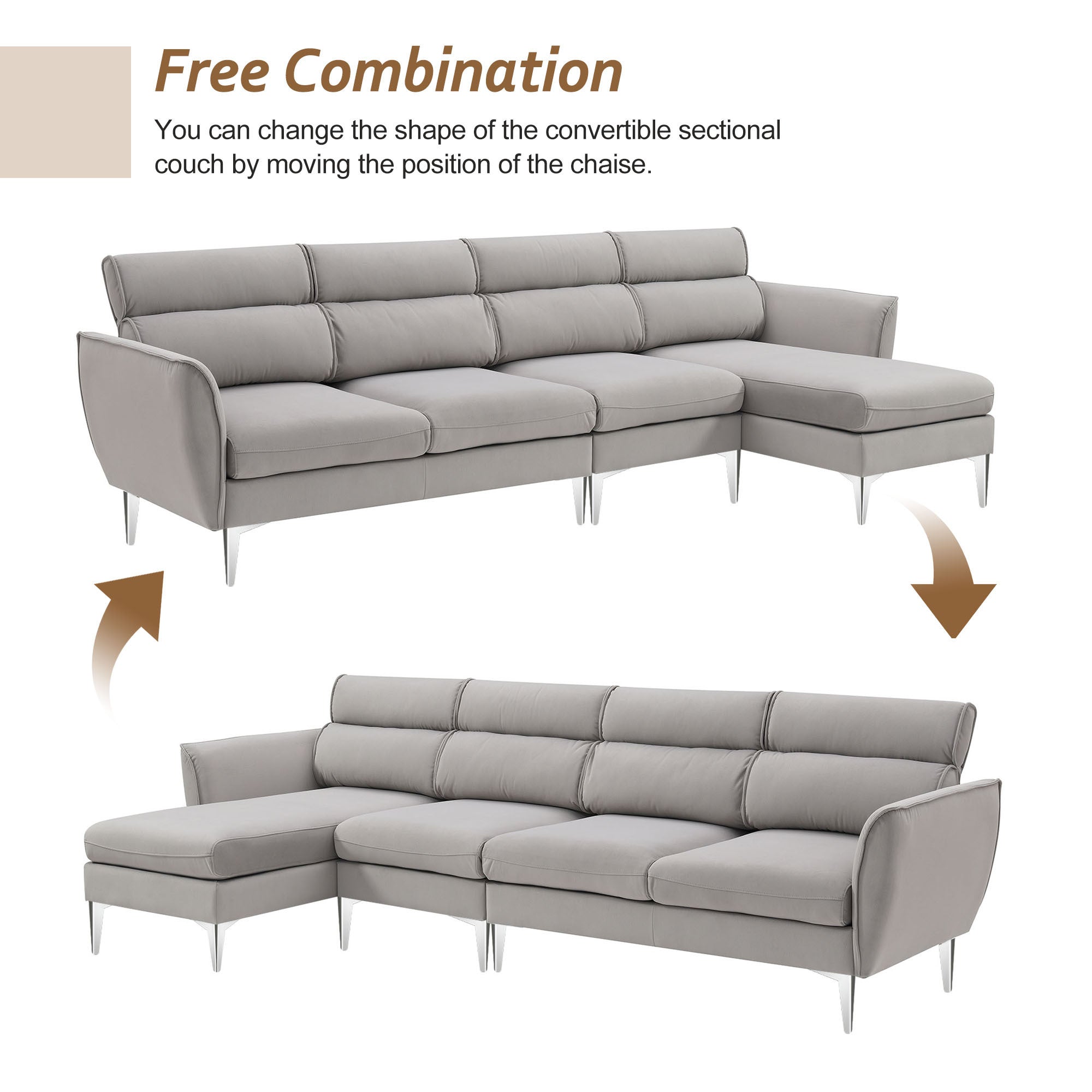 111 " Convertible Sectional Sofa Couch , Flannel L Shape Furniture Couch with Chaise Left/Right Handed Chaise - Gray