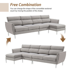 111 " Convertible Sectional Sofa Couch , Flannel L Shape Furniture Couch with Chaise Left/Right Handed Chaise - Gray