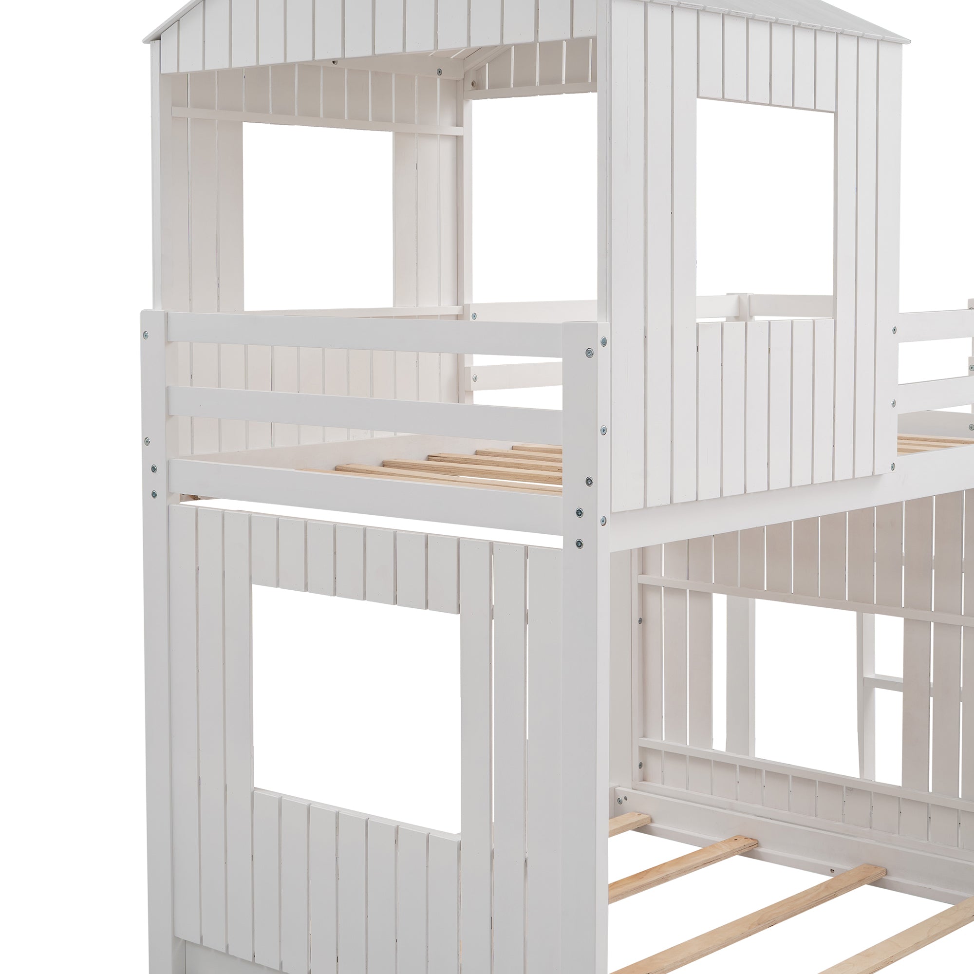 Farmhouse Wooden Twin Over Full Bunk Bed, Loft Bed with Playhouse - White