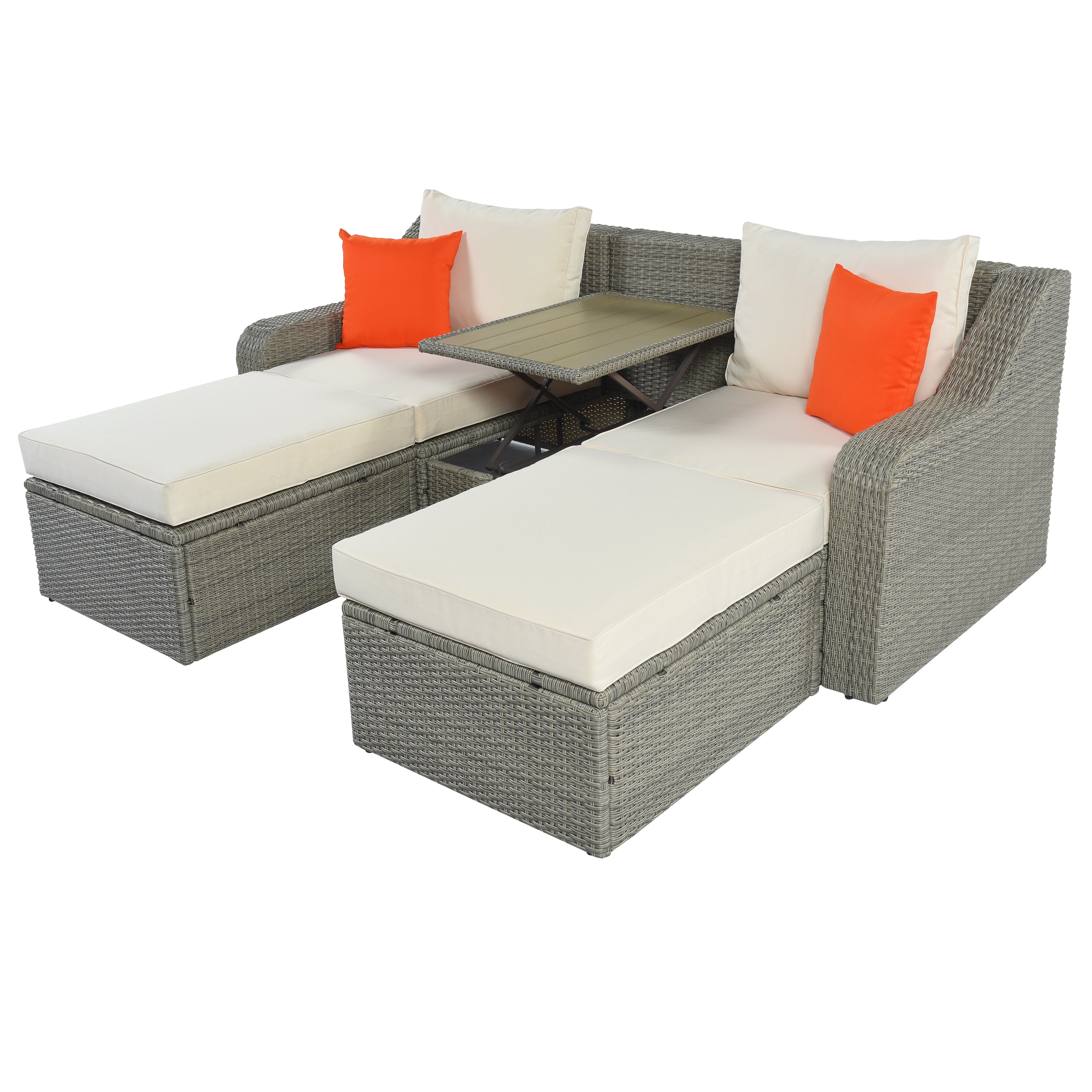 Patio Furniture Sets, 3-Piece Patio Wicker Sofa with  Cushions, Pillows, Ottomans and Lift Top Coffee Table - Beige