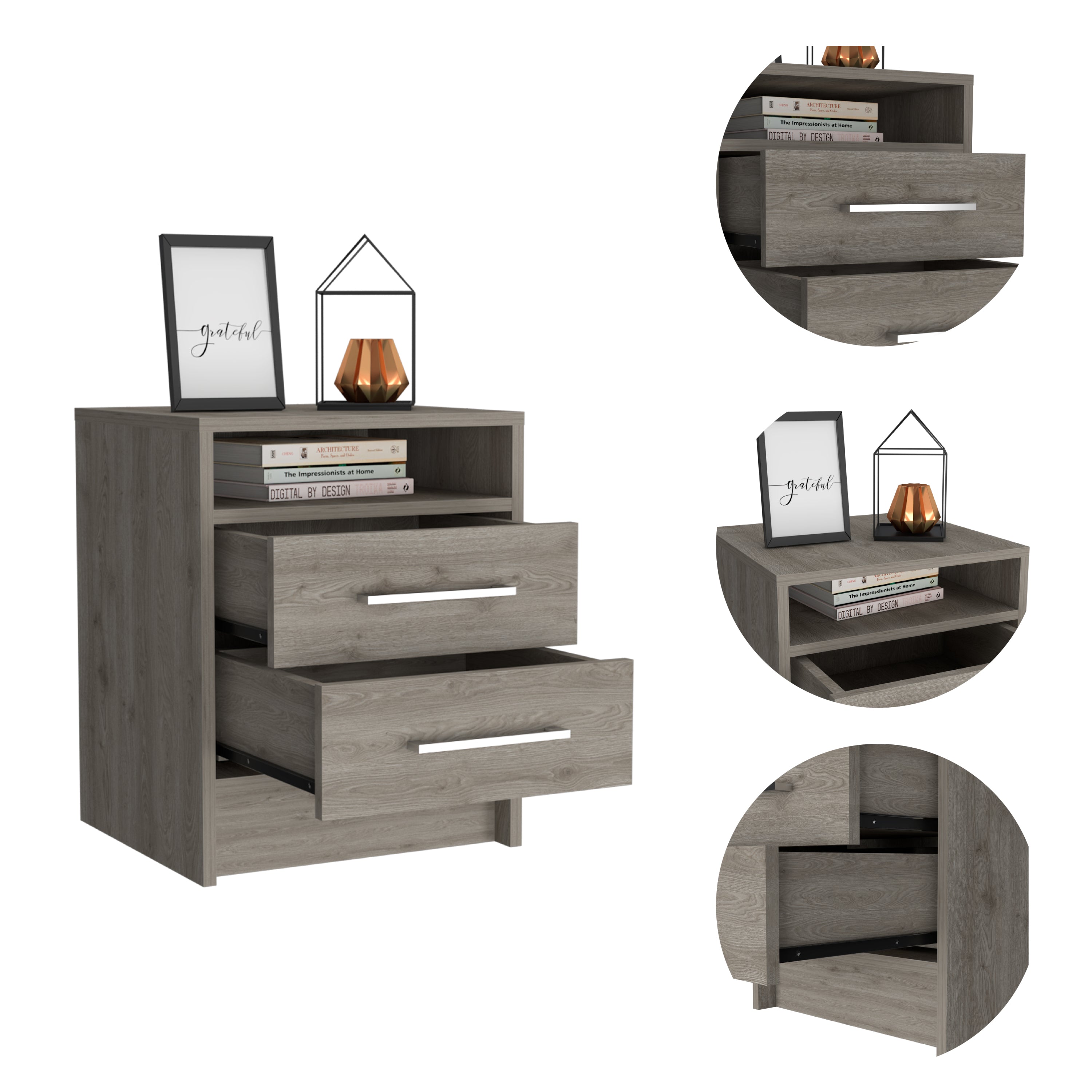 Light Grey 2-Drawer 1-Shelf Rectangle Nightstand