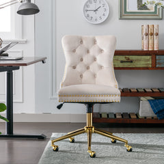 Velvet Upholstered Tufted Button Home Office Chair with Golden Metal Base - Beige