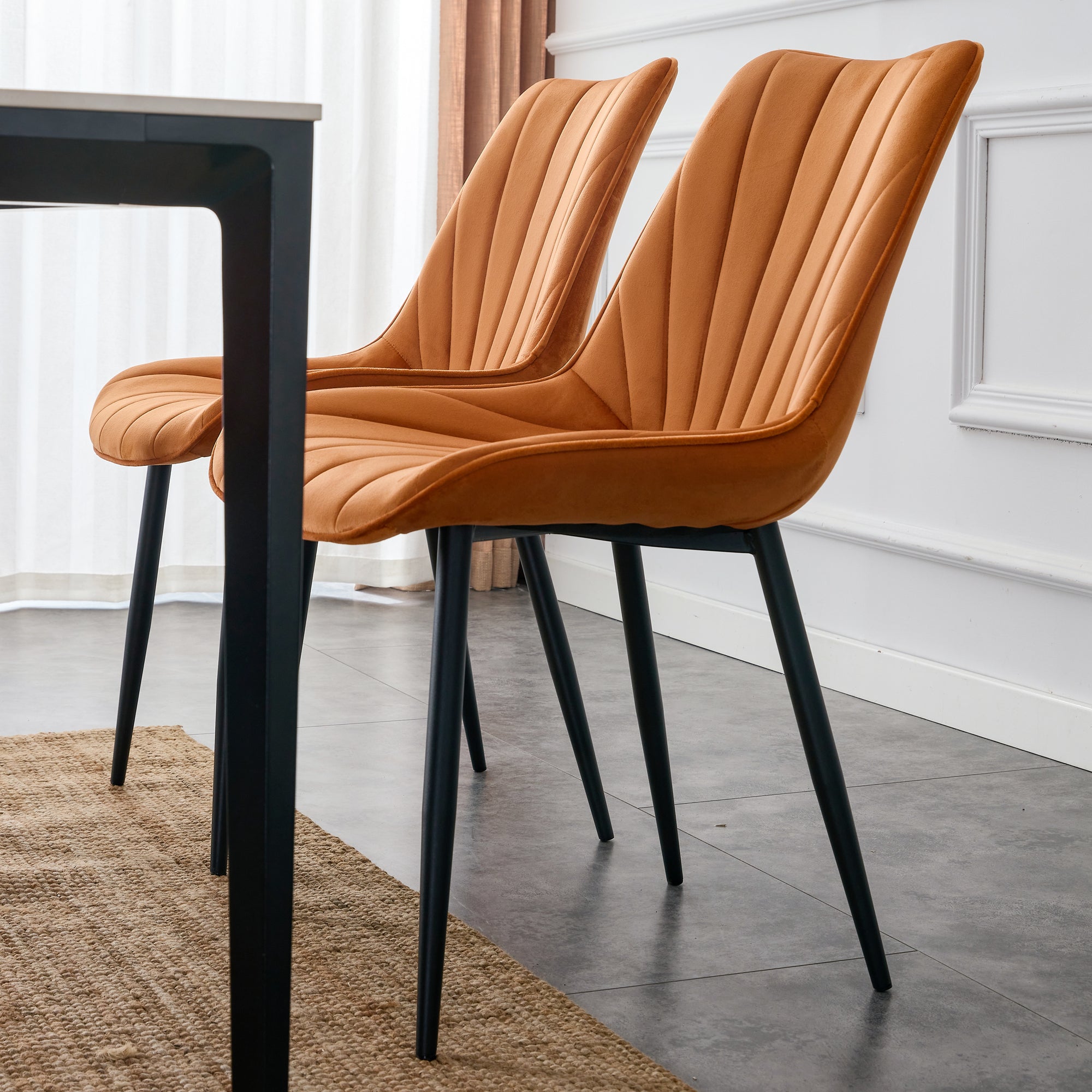 Modern Dining Chairs with Cushion Seat Back Black Coated Legs Upholstered Side Chair (Set of 4) - Orange