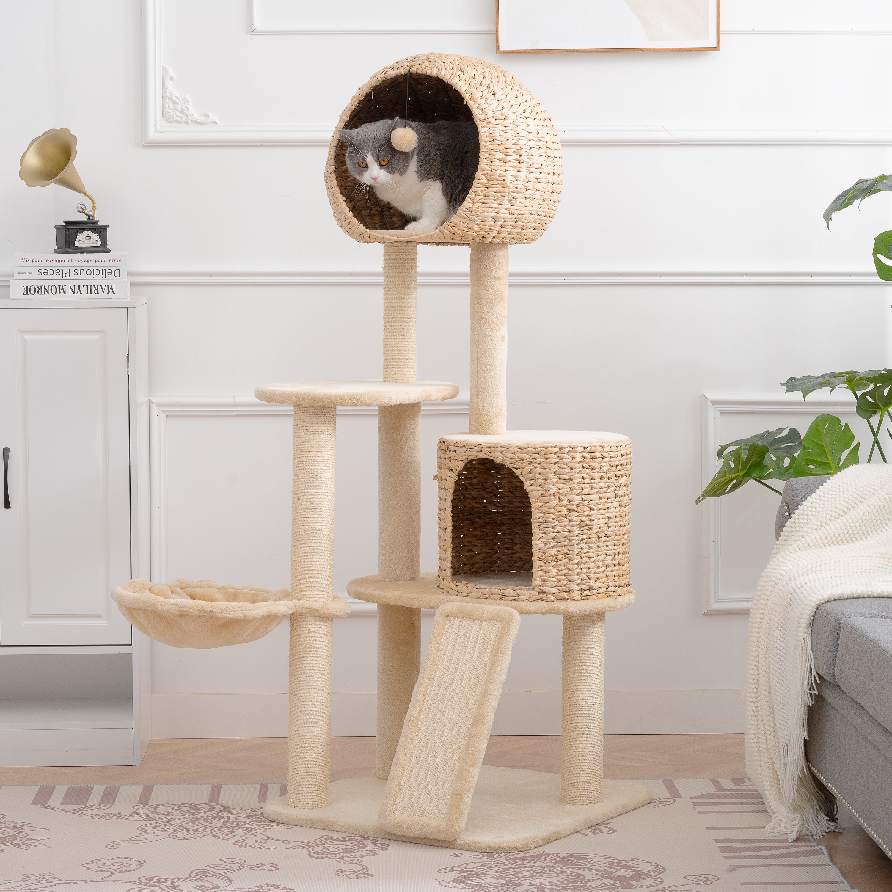 Cat Tree, 59-Inch Cat Tower for Indoor Cats, Plush Multi-Level Cat Condo with 2 Perches, 2 Caves, Cozy Basket and Scratching Board - Beige