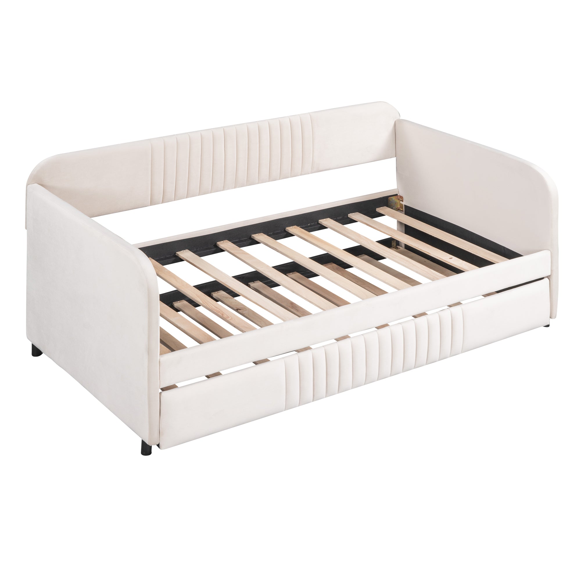 Upholstered Daybed Sofa Bed Twin Size With Trundle Bed and Wood Slat - Beige