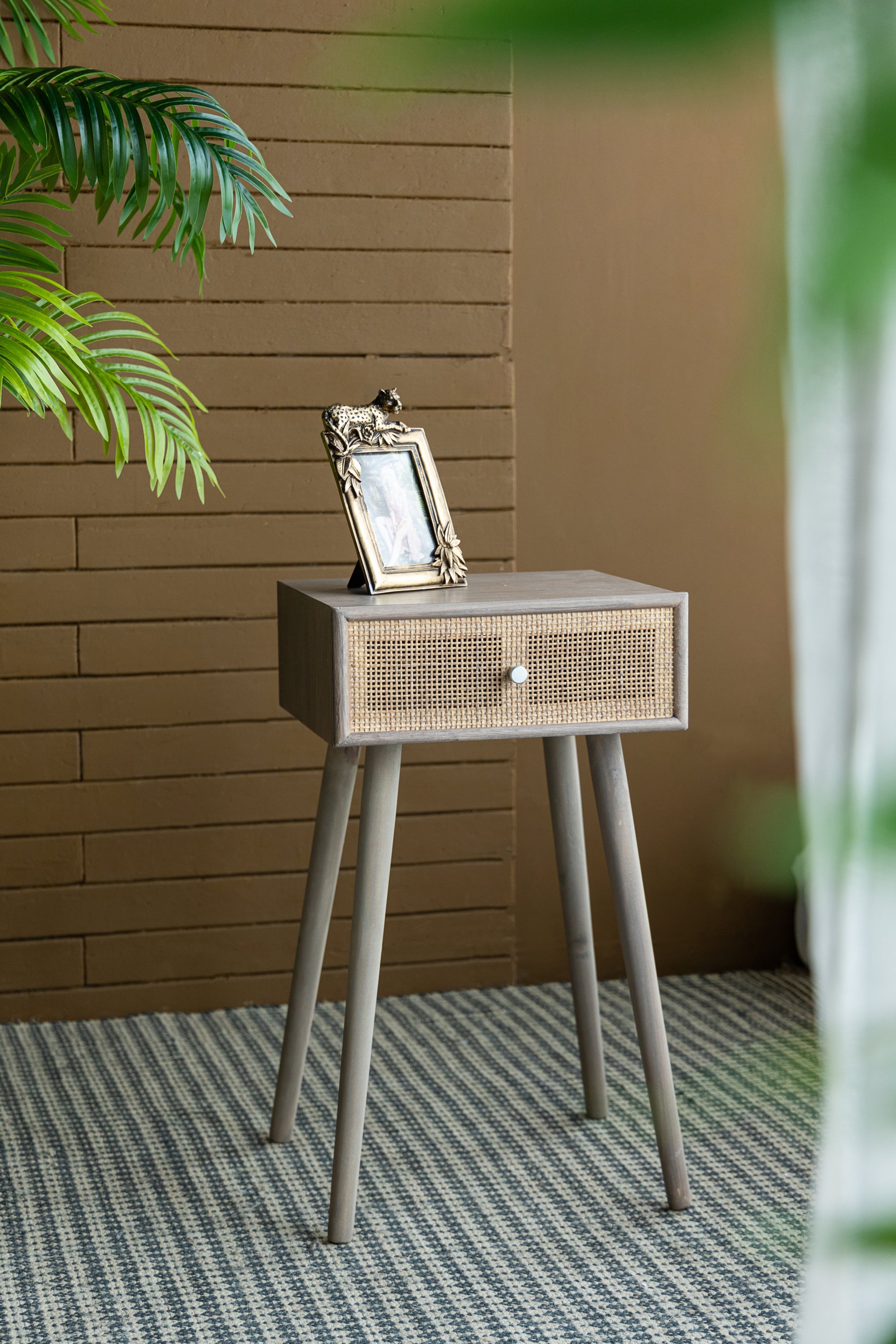 27"Tall Storage Cabinet with Natural Rattan Decorated Drawer Bedside Console Table with Grey Finished Surface