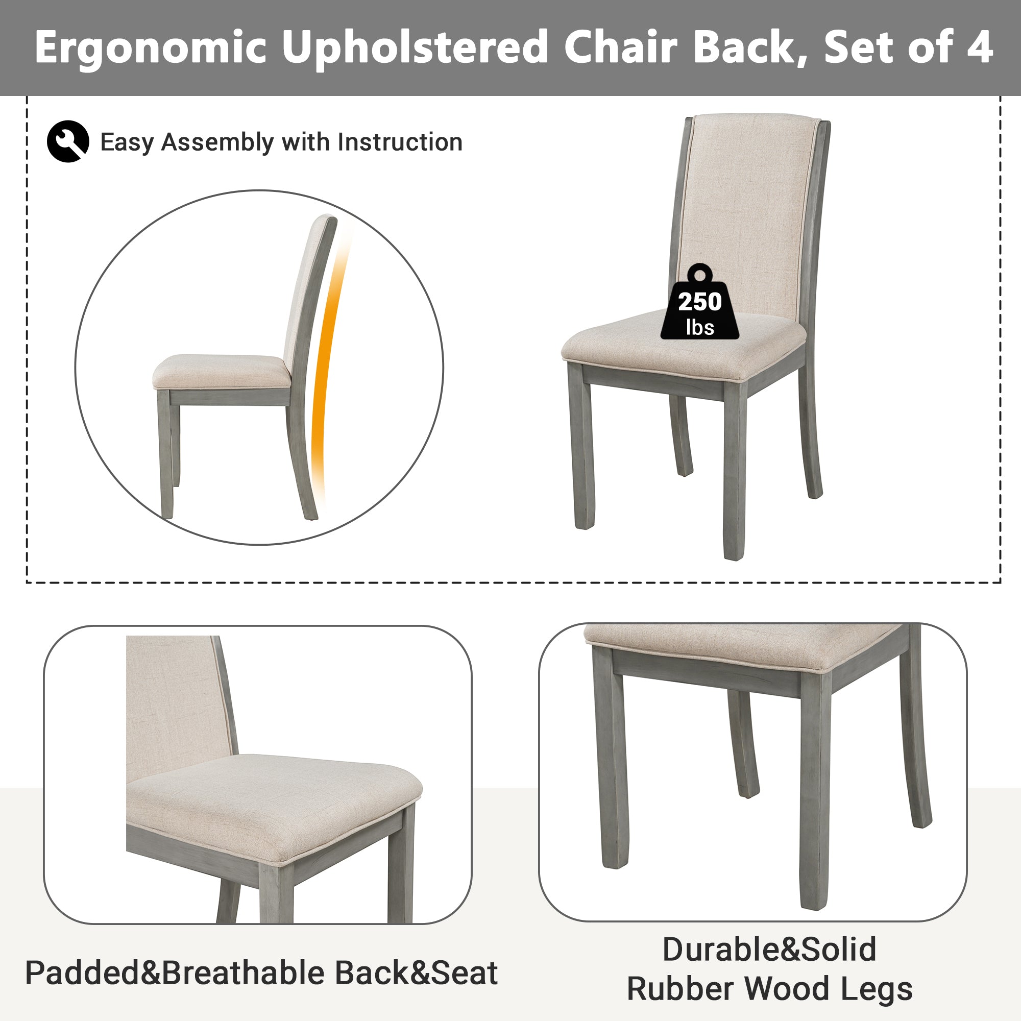 Farmhouse Wood Full Back Dining Chairs with Upholstered Cushions (Set of 4) - Grey